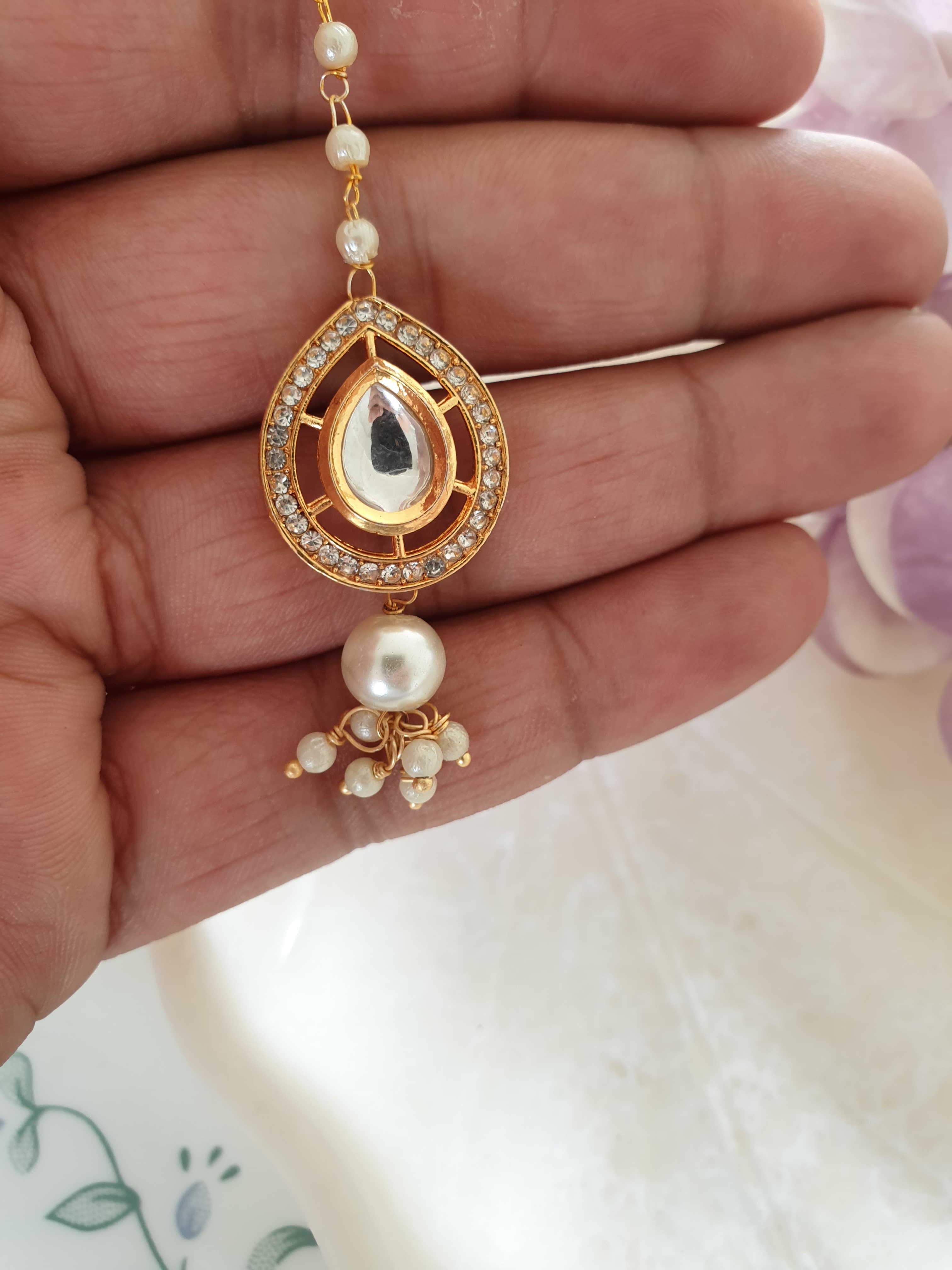 Gold Teardrop Kundan Polki Pearl Beaded Maang Tikka