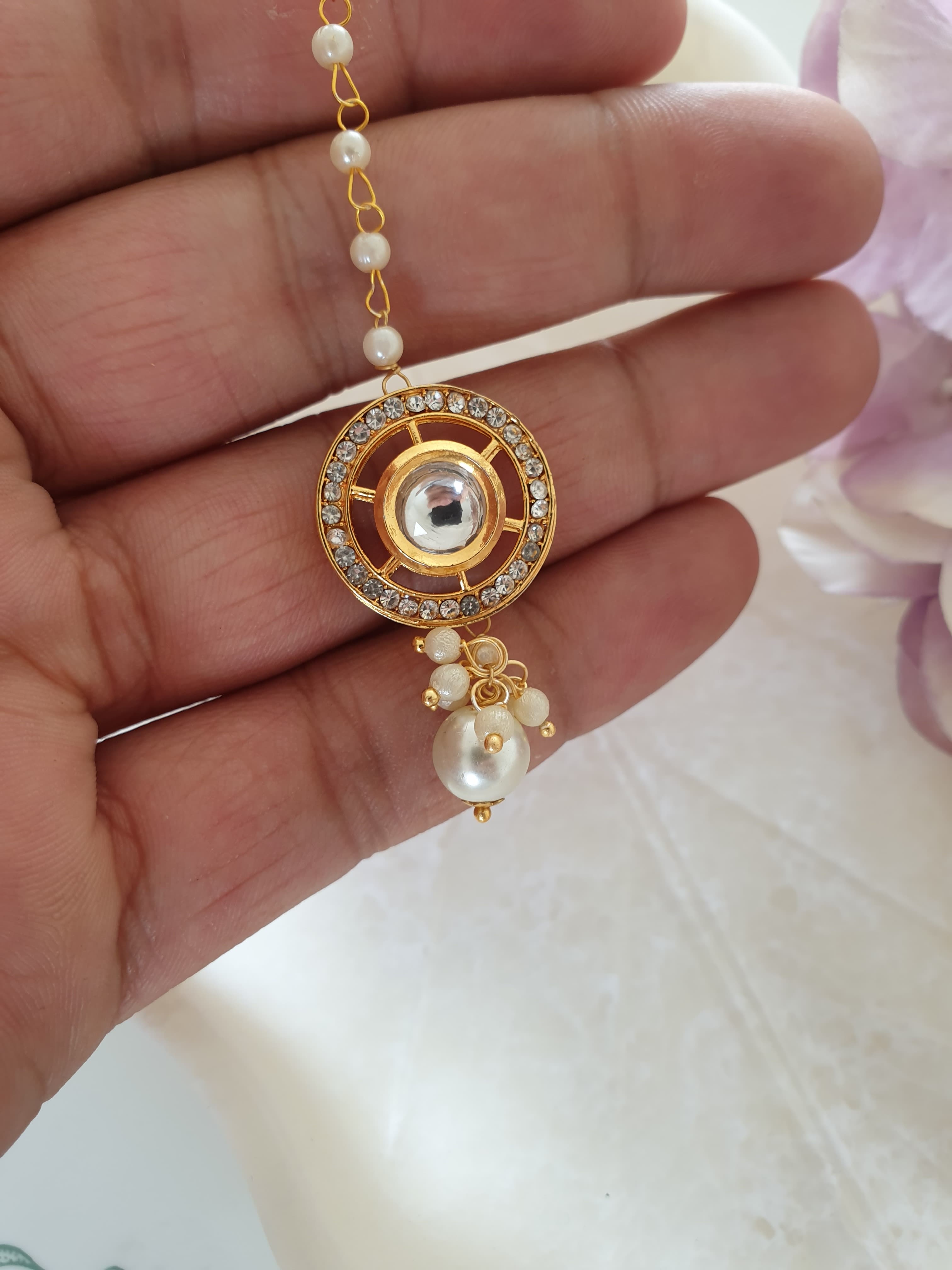Gold Kundan Polki Pearl Beaded Maang Tikka