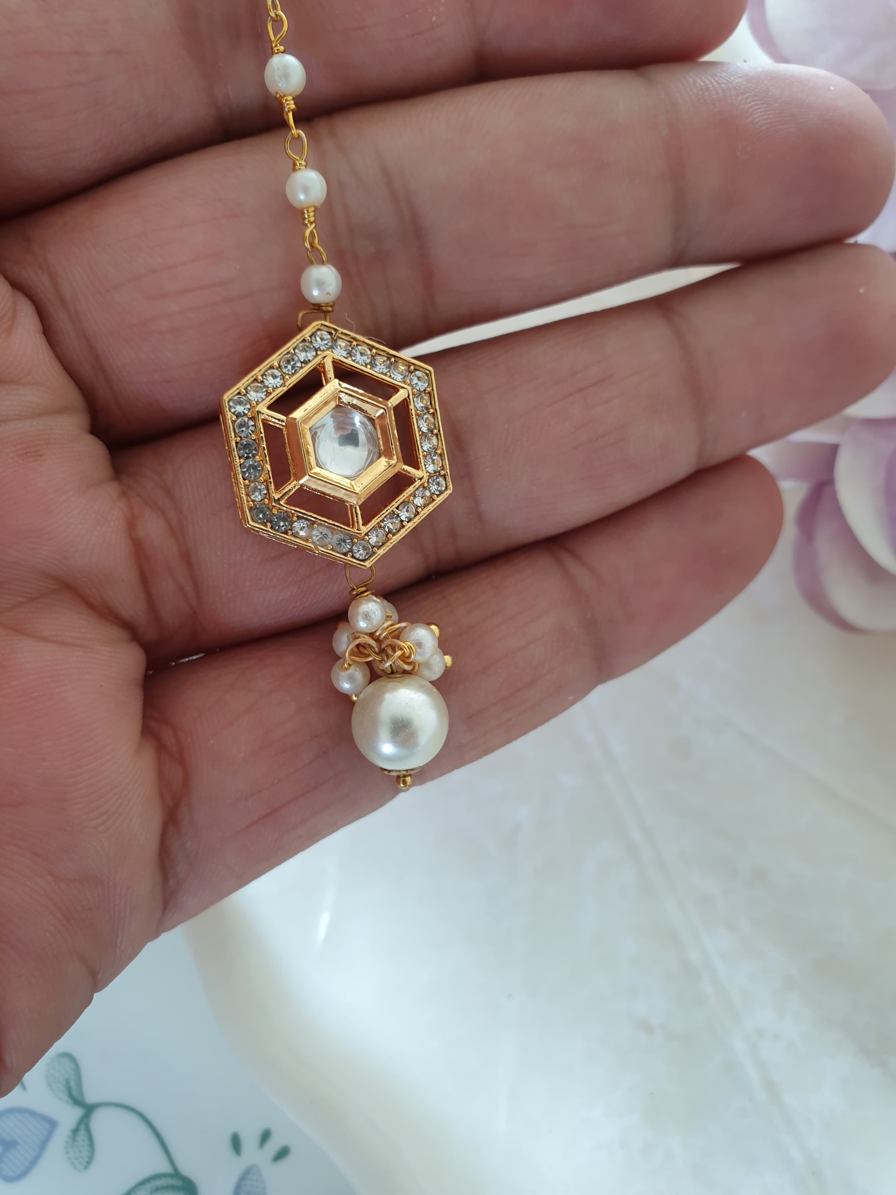 Gold Designer Kundan Polki Pearl Beaded Maang Tikka
