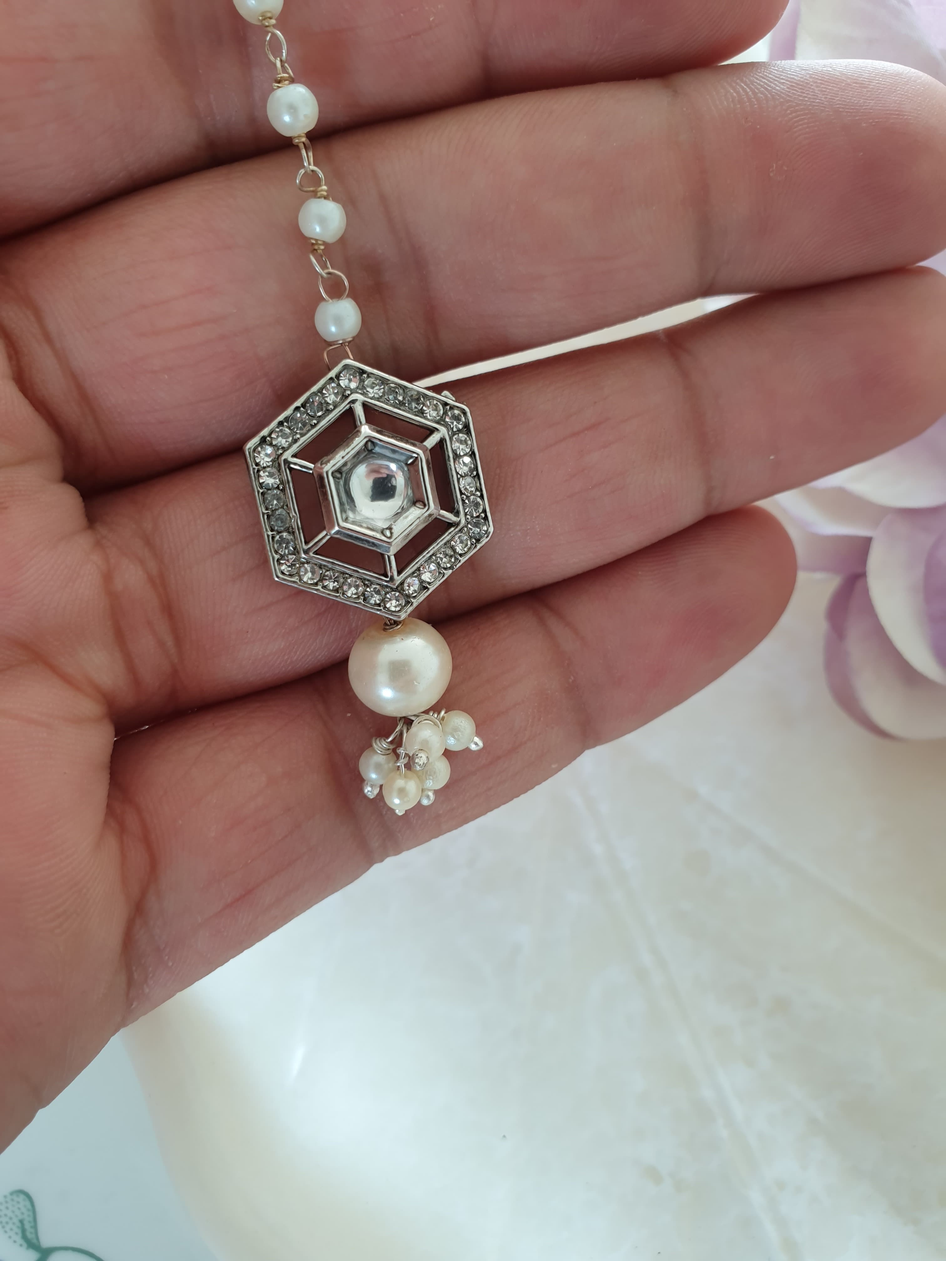 Silver Designer Kundan Polki Pearl Beaded Maang Tikka