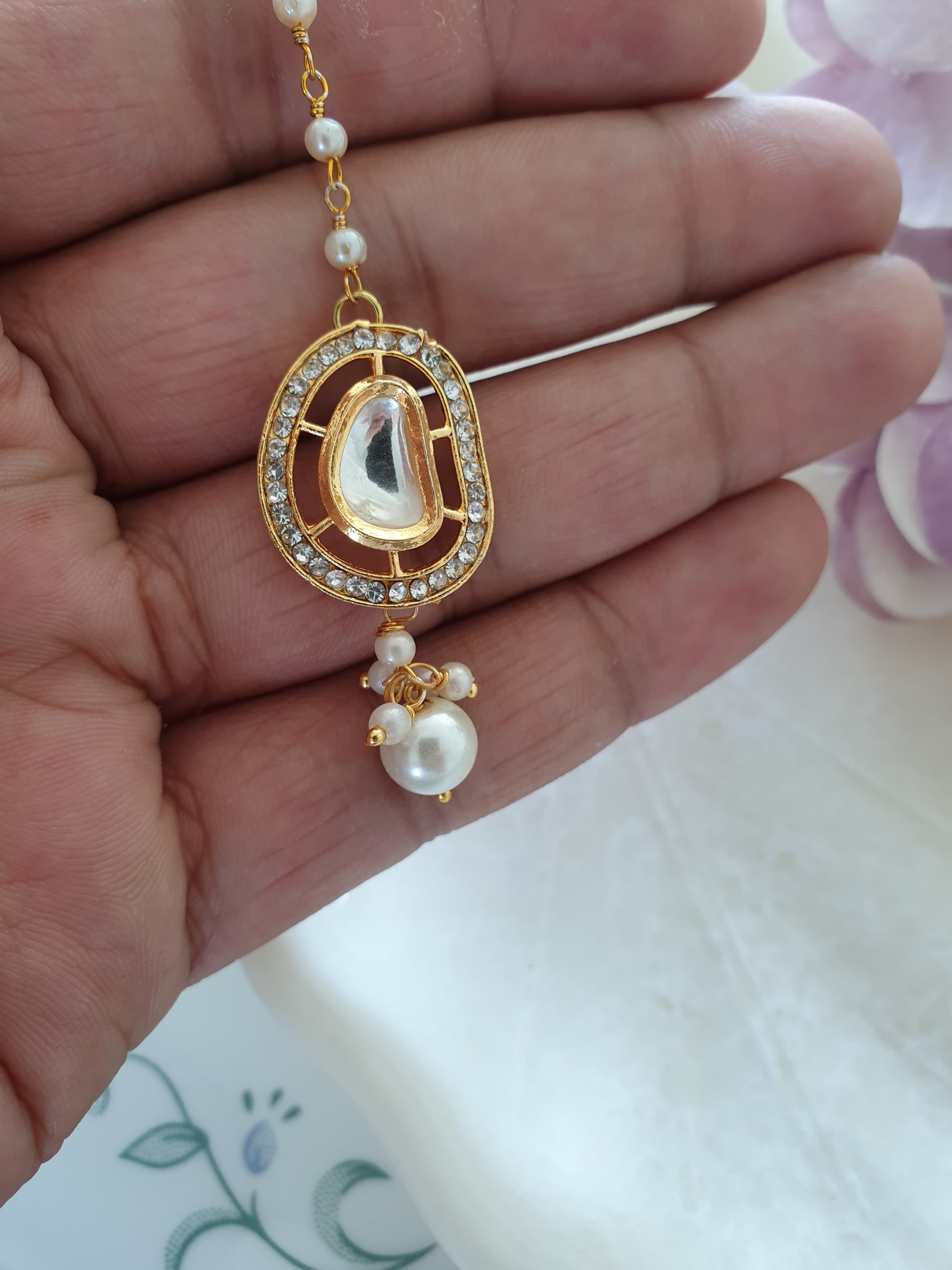 Gold Premium Kundan Polki Pearl Beaded Maang Tikka