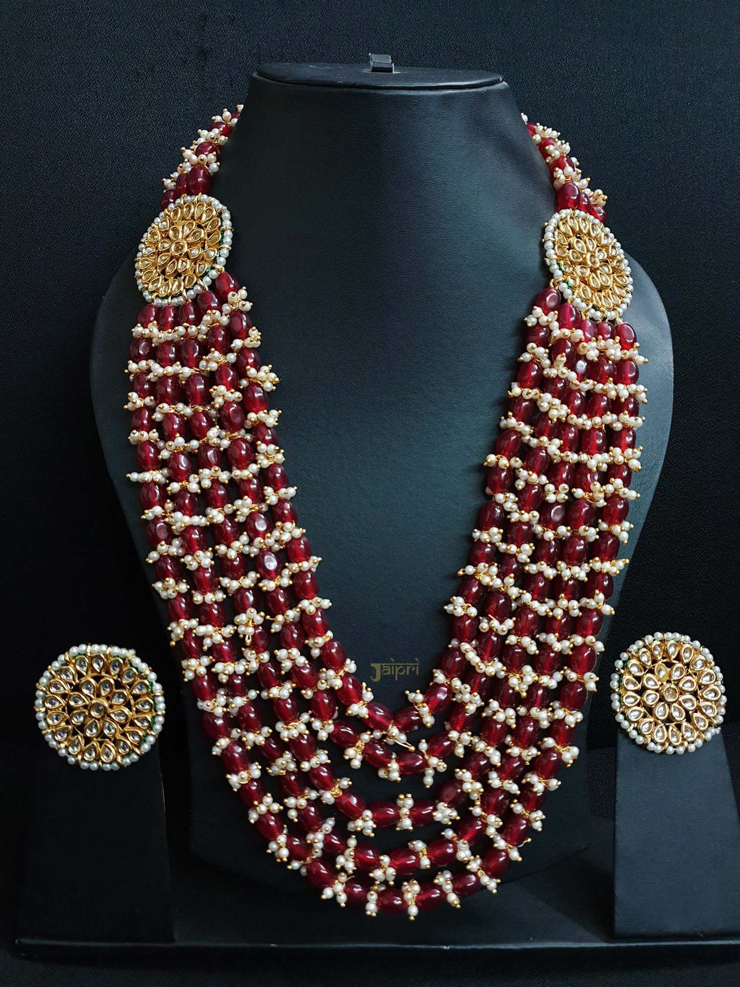Kundan & Ruby With Pearl Beads Stone Statement Necklace With Earrings