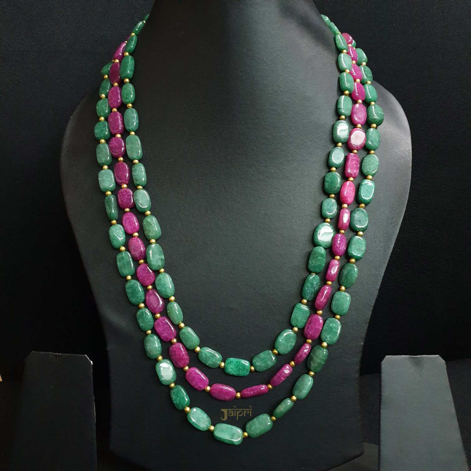 Emerald Green & Pink Beads Stone Long Necklace