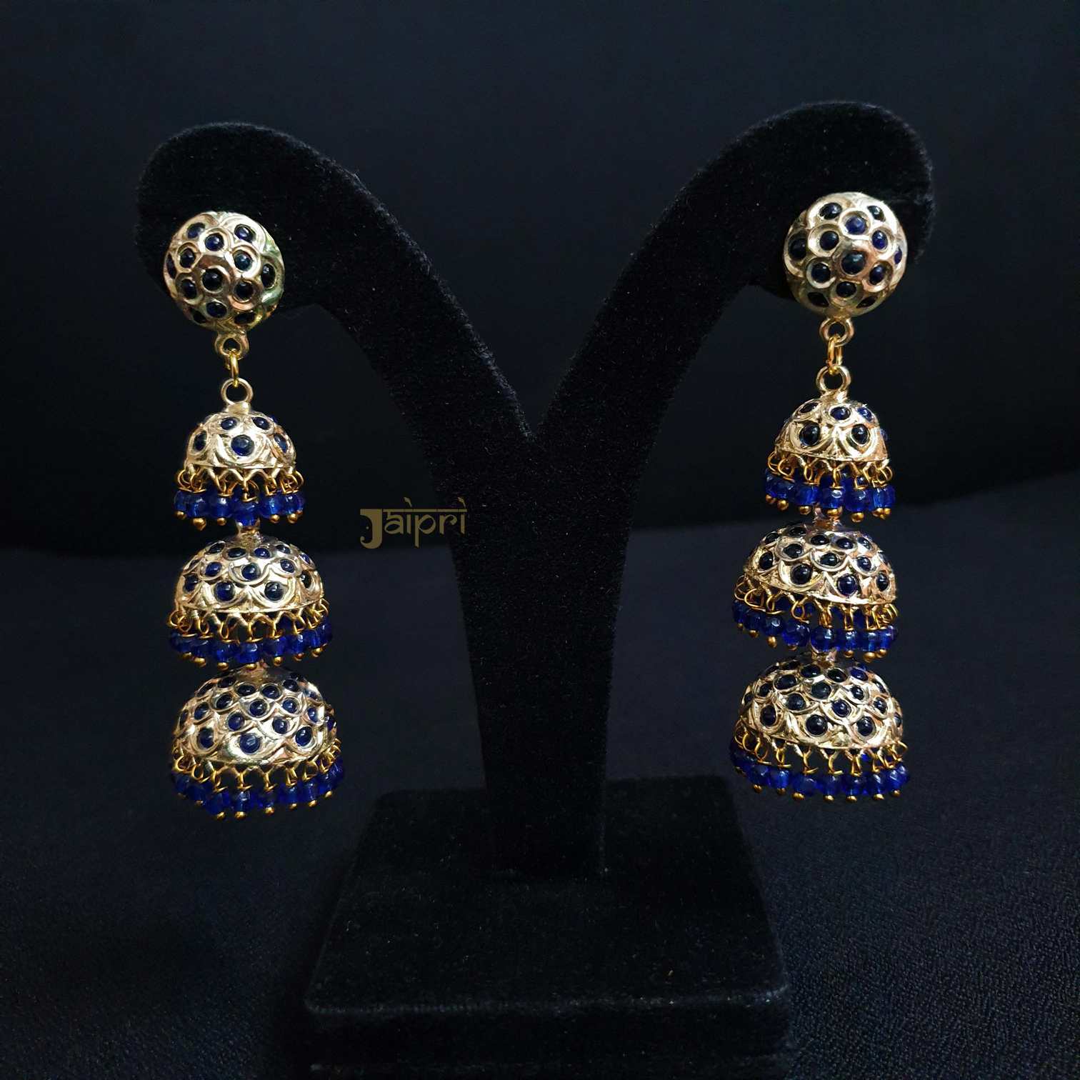 Blue Stone Three Layers Jhumki Earrings