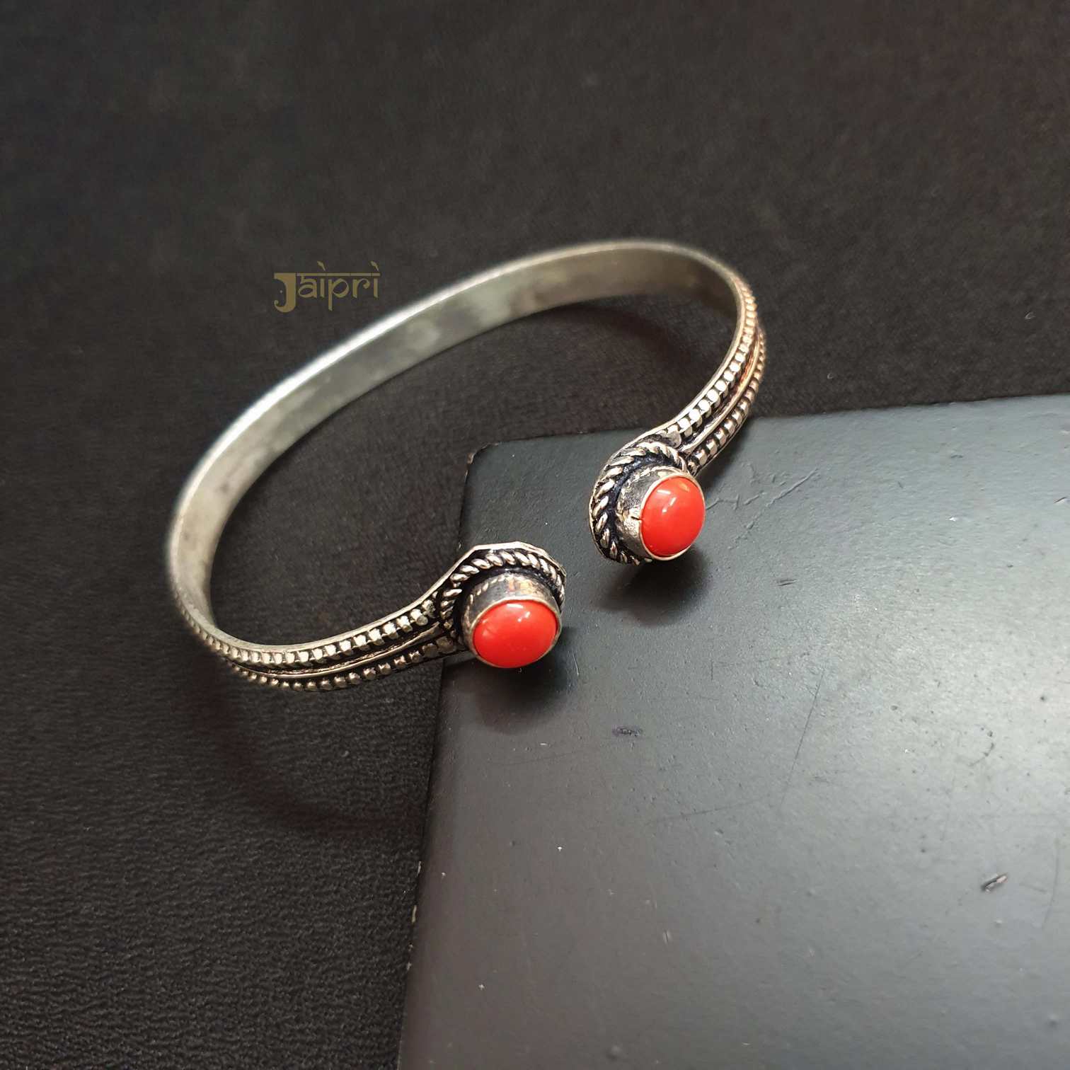Coral Red Stone Oxidised Cuff Bangle