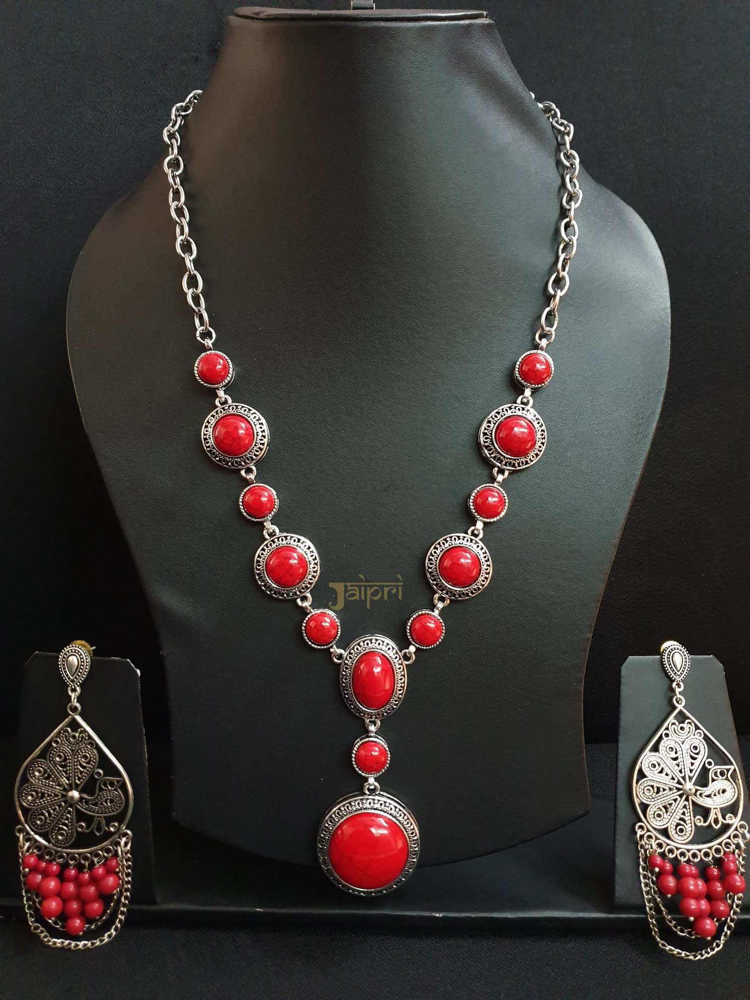 Red Stone Oxidised Silver Necklace With Earrings