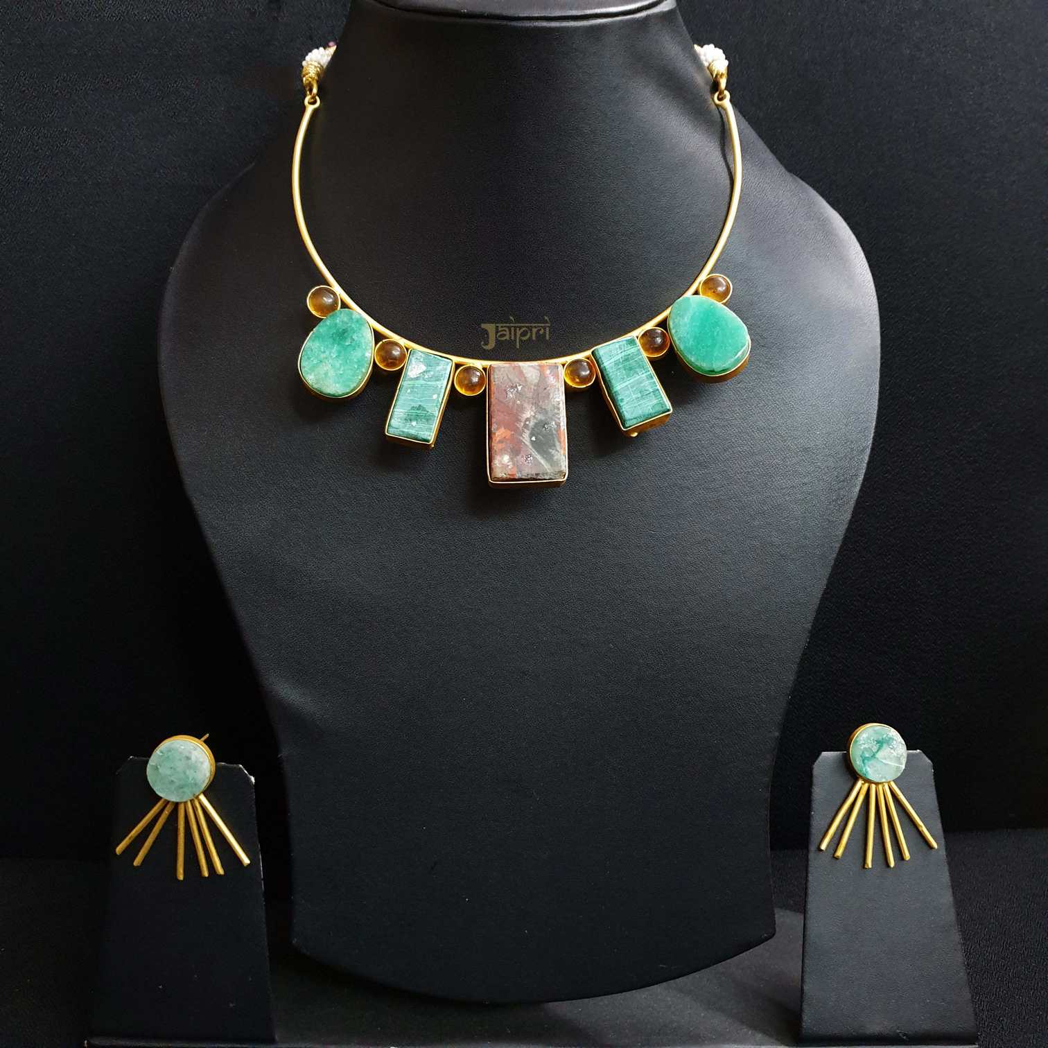 Turquoise Natural Stone Gold Choker Necklace With Earrings