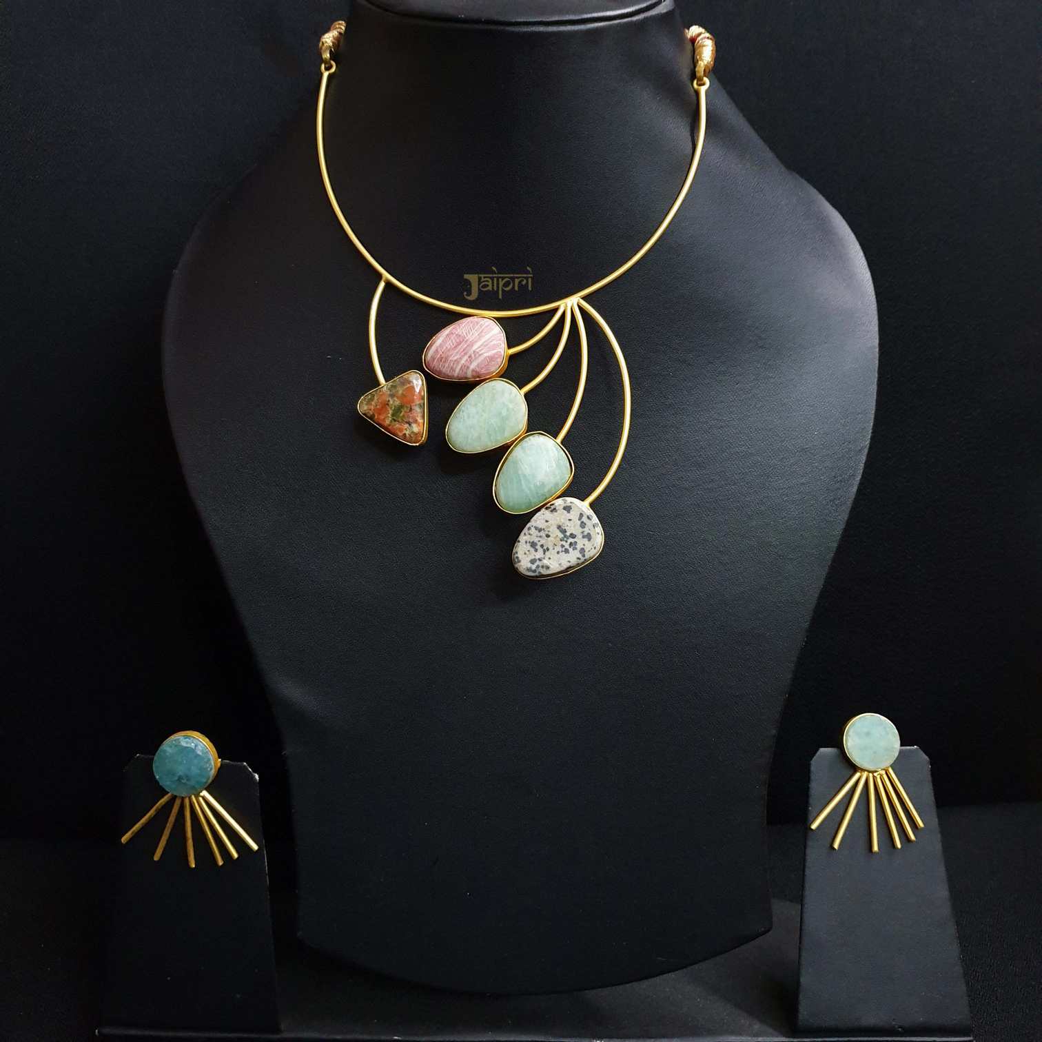 Designer Natural Stone Choker Necklace With Earrings