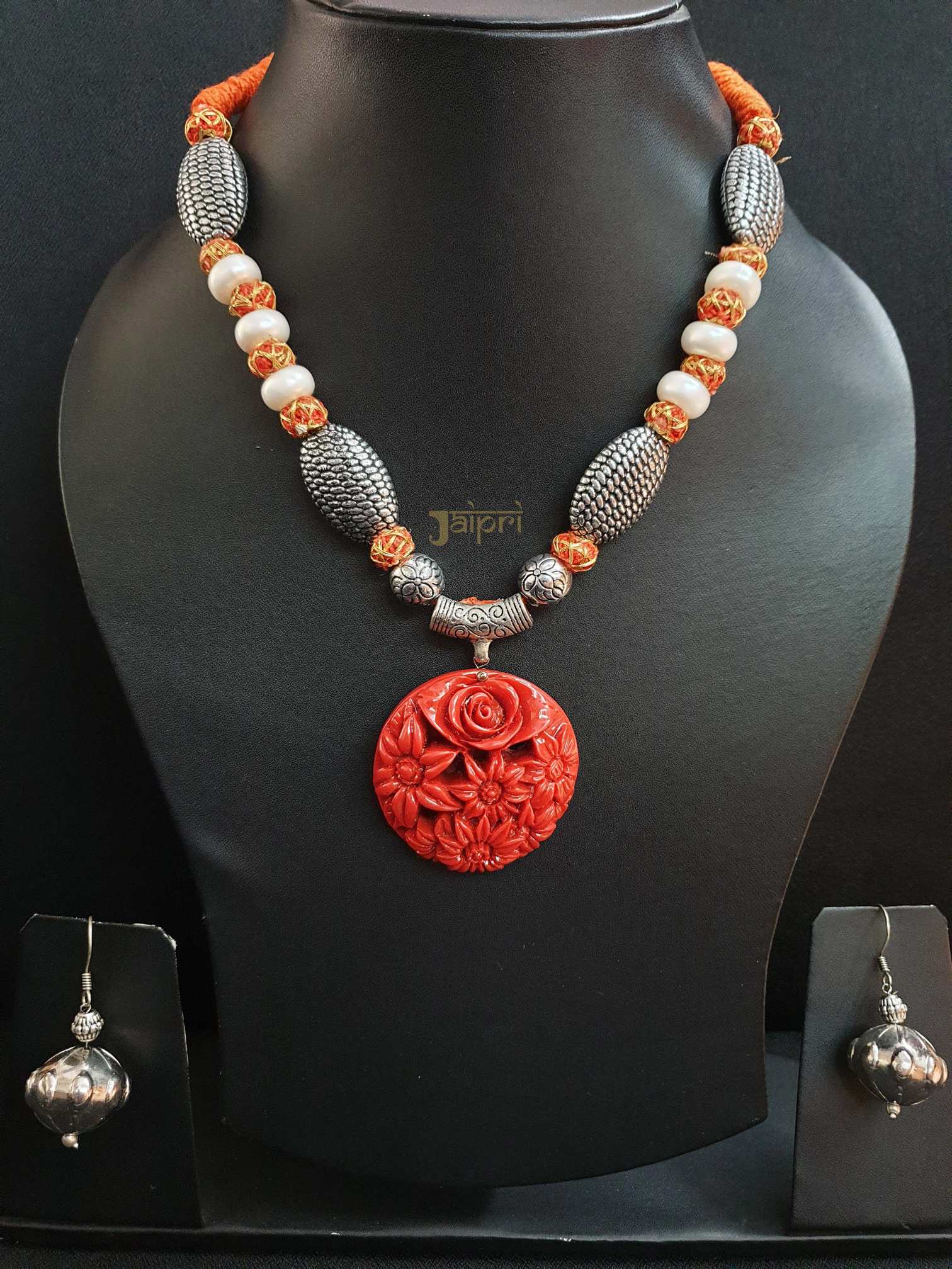 Floral Design Oxidized Necklace With Earrings