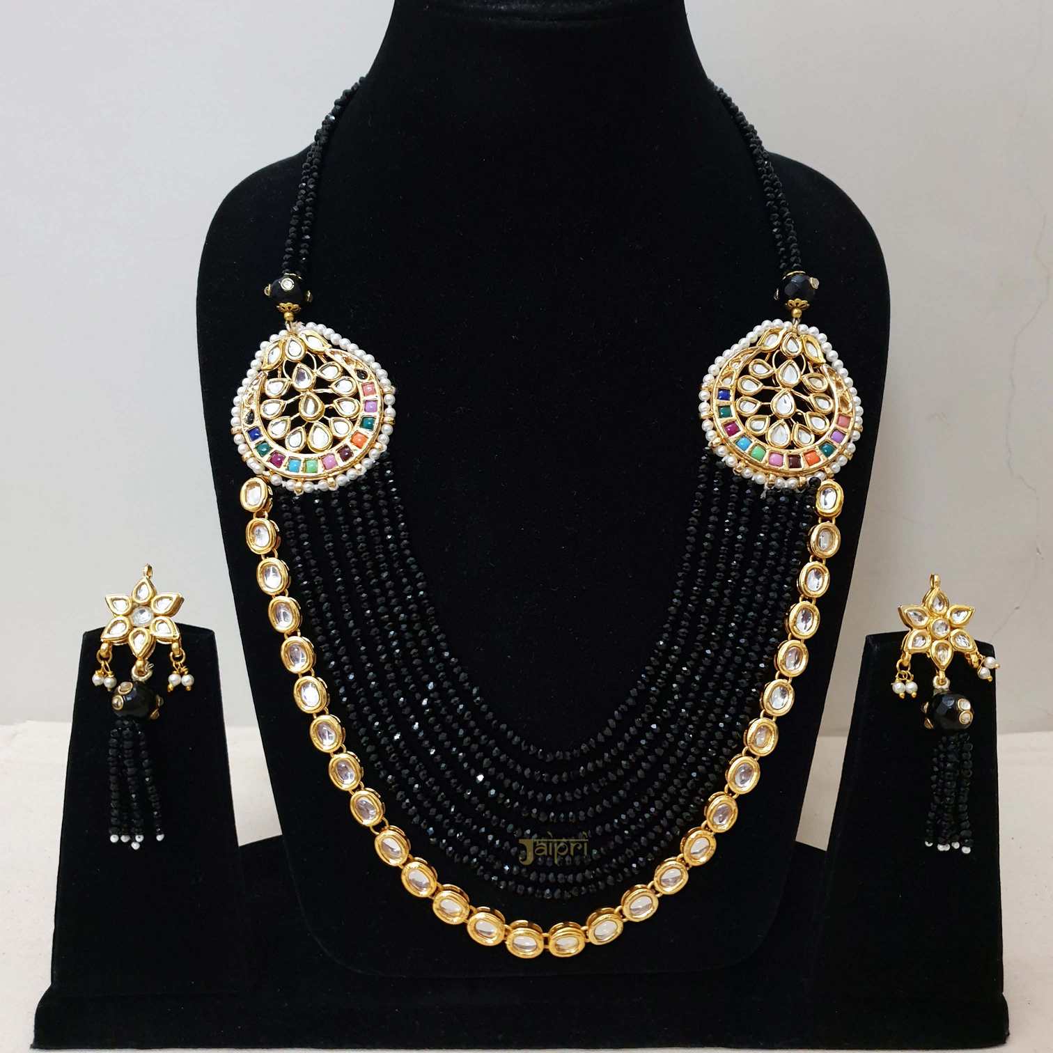 Designer Kundan & Black Beads Stone Gold Necklace With Earrings