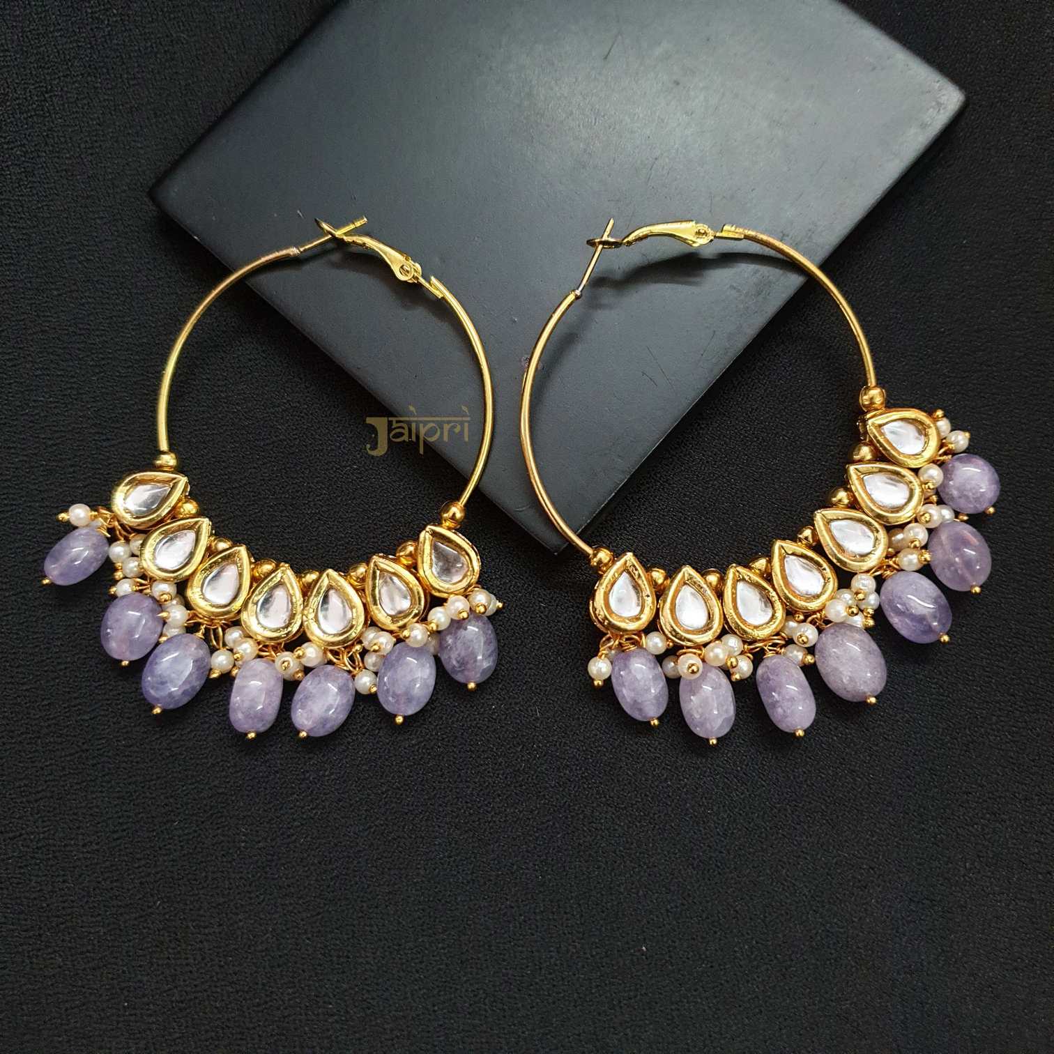 Tear-Drop Design Kundan Hoops Earrings