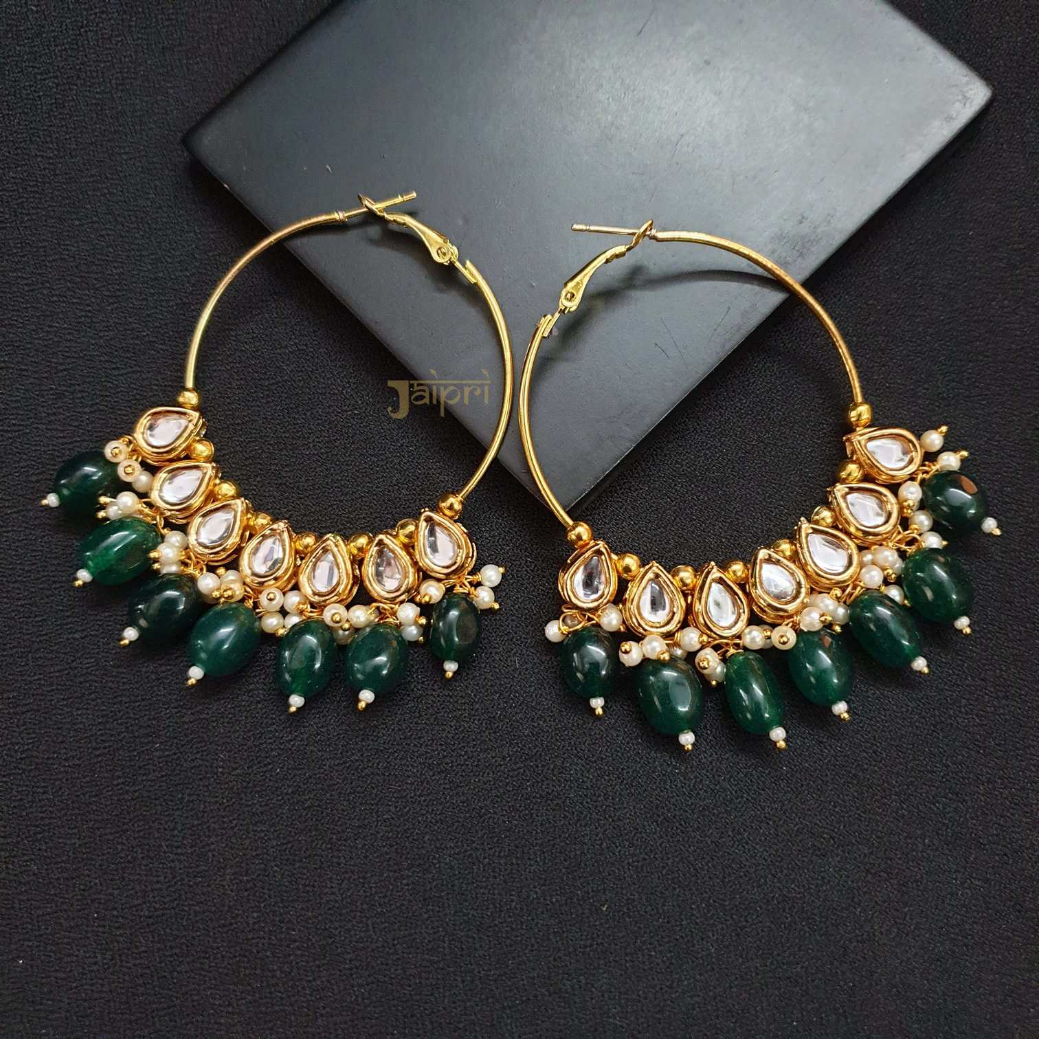Green Stone & Tear-Drop Design Hoops Earring