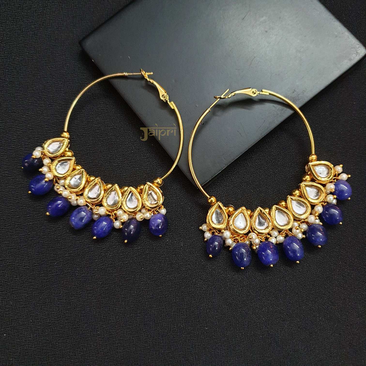 Blue Stone & Tear-Drop Design Hoops Earring