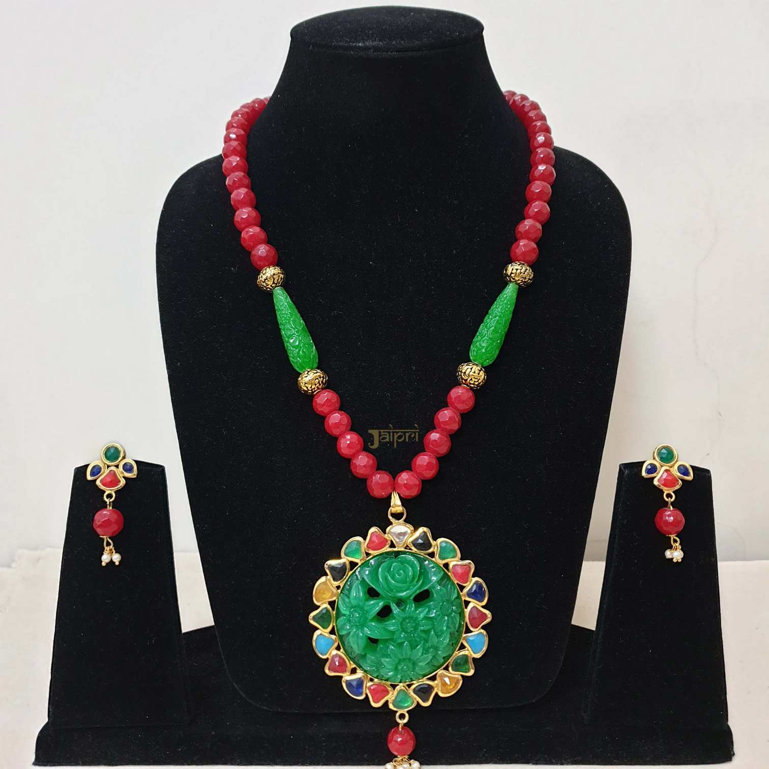 Green Floral & Red Beads Stone Pendant With Earrings