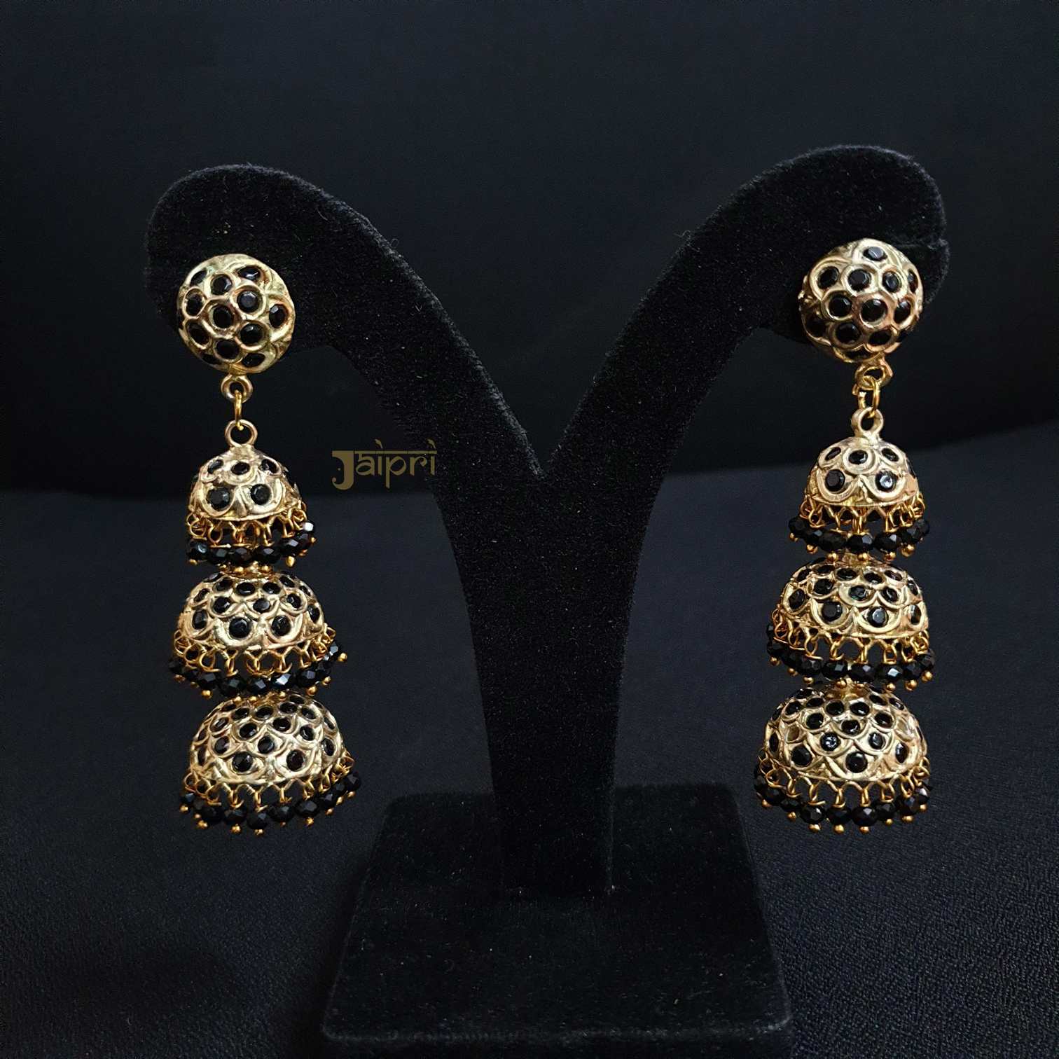 Three Layers Jhumki Black Stone Earrings