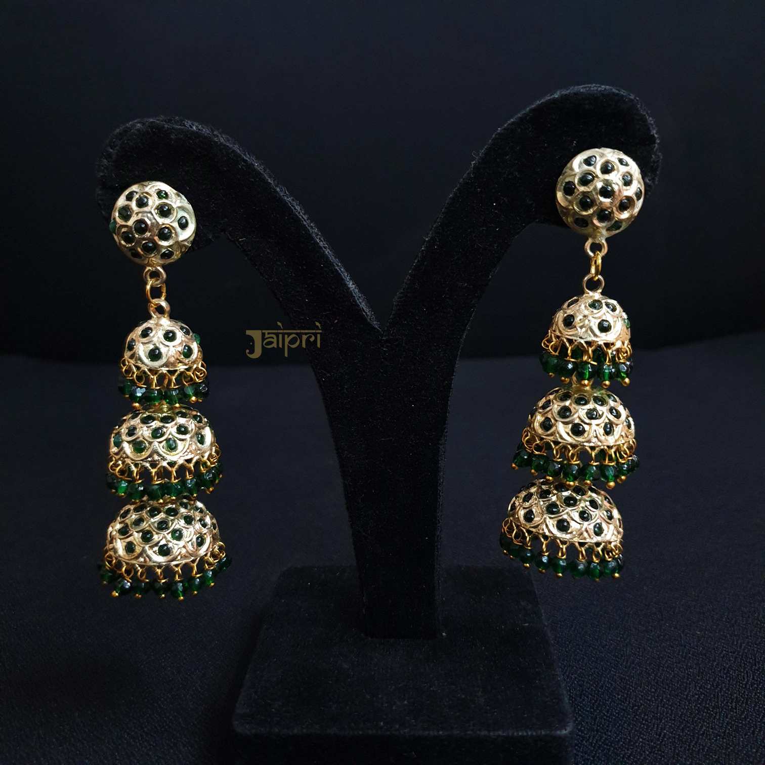 Three Layers Green Jadau Jhumki Earrings