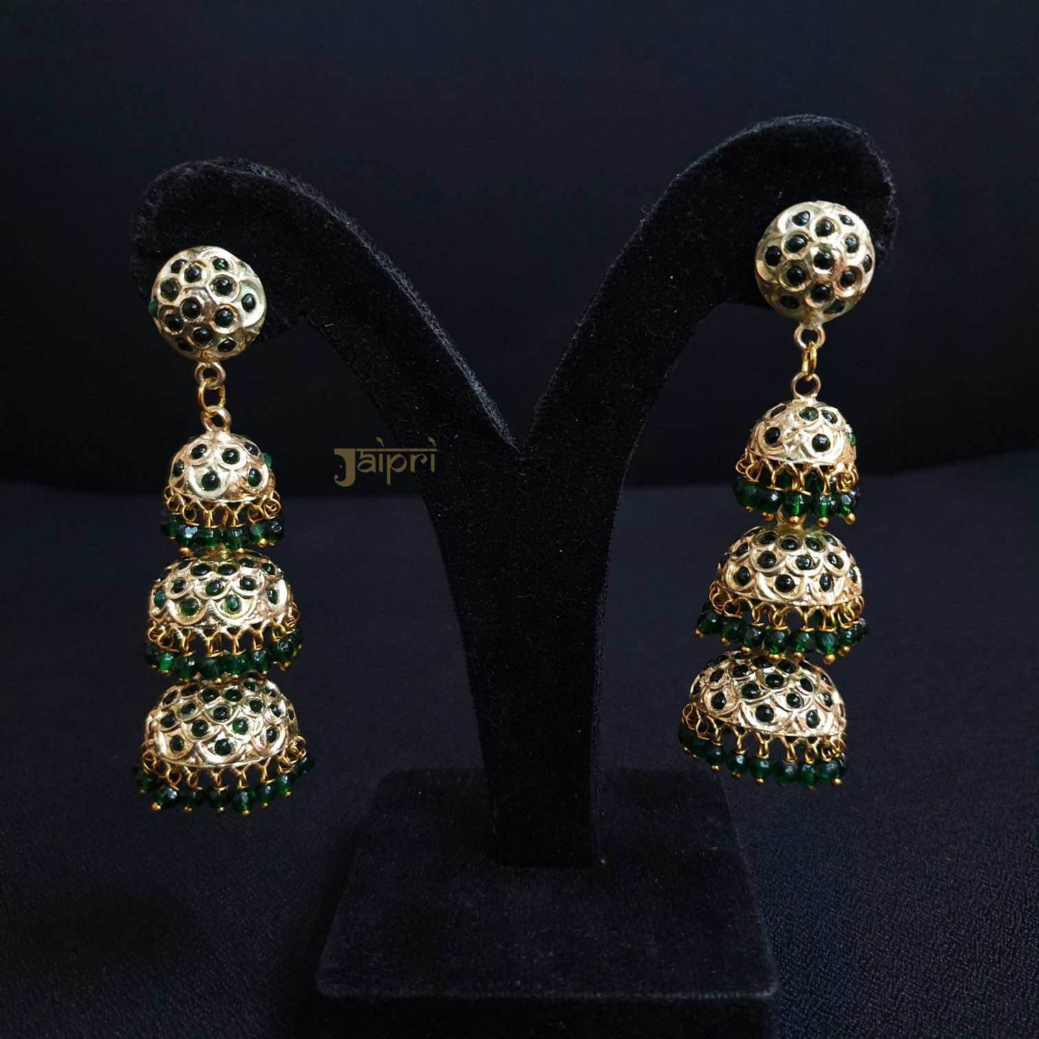 Three Layers Jhumki Green Stone Earrings