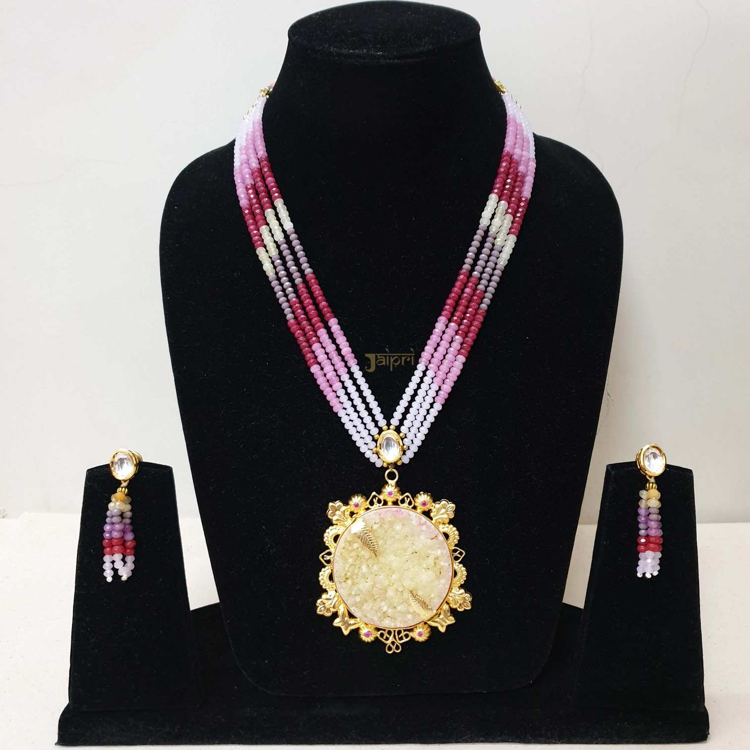 Floral Multicolor Stone Fusion Gold Pendant With Earrings