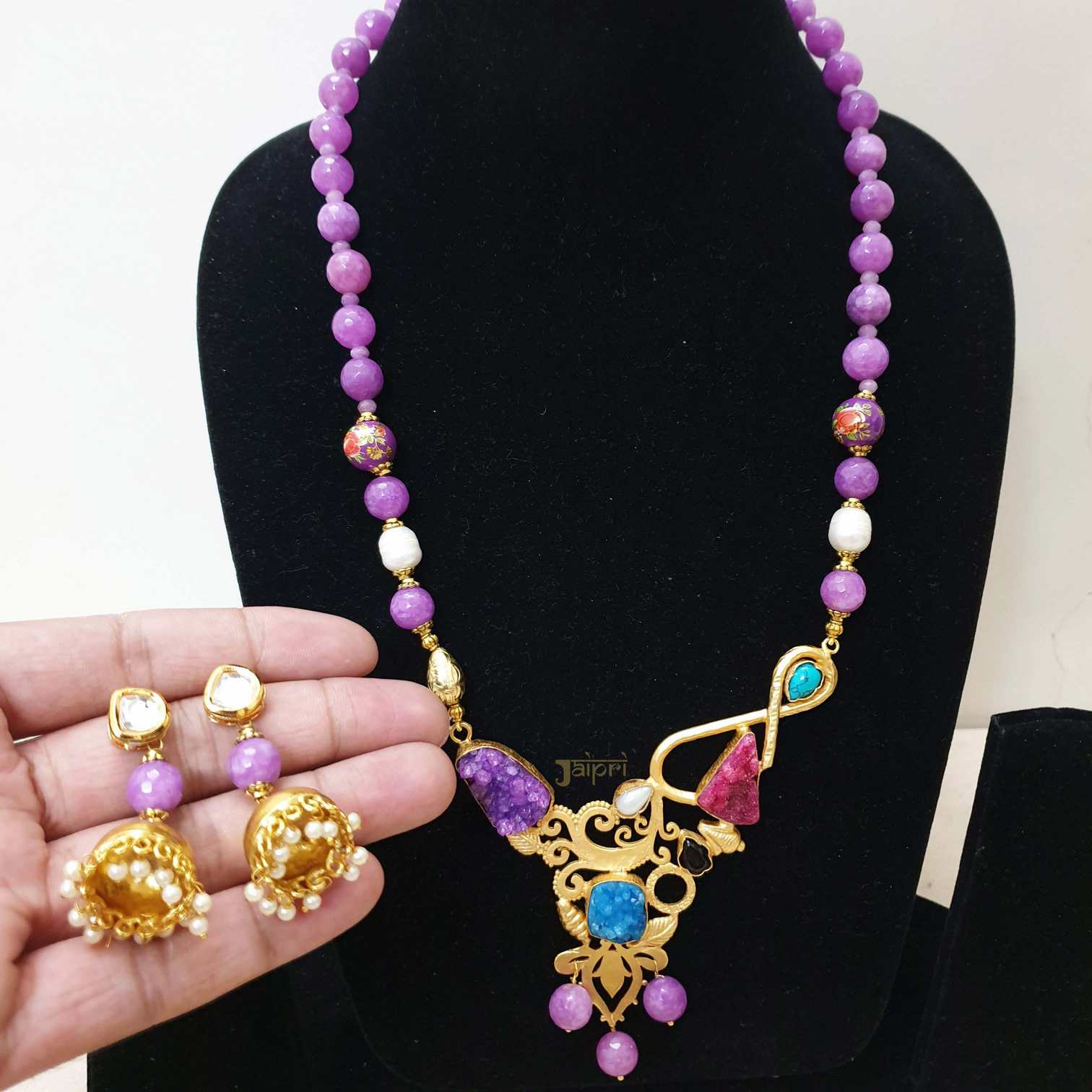 Multicolor Stone Fusion Unique Pendant With Jhumki Earrings