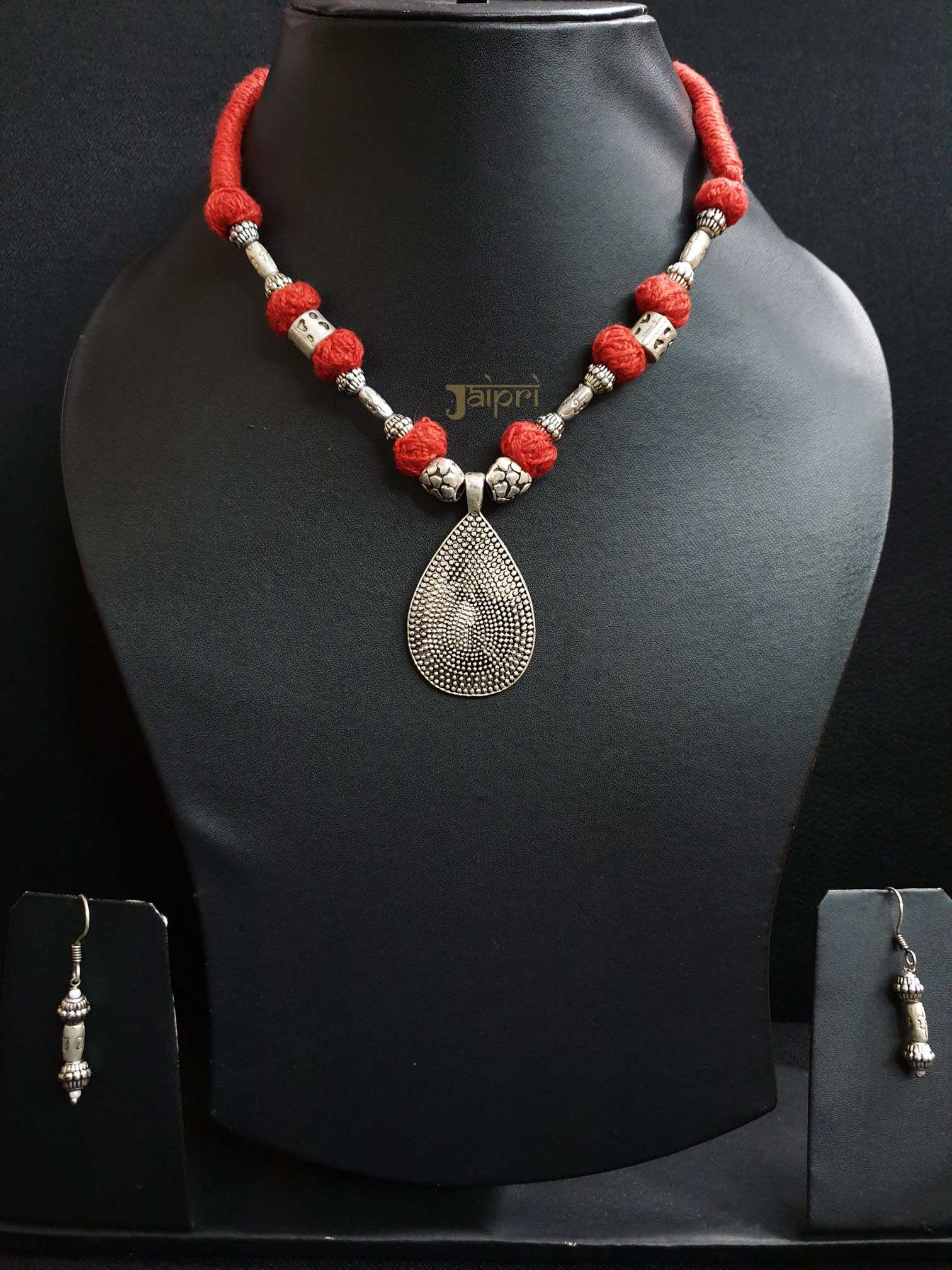 Tear Drop Oxidised Thread Necklace With Earrings