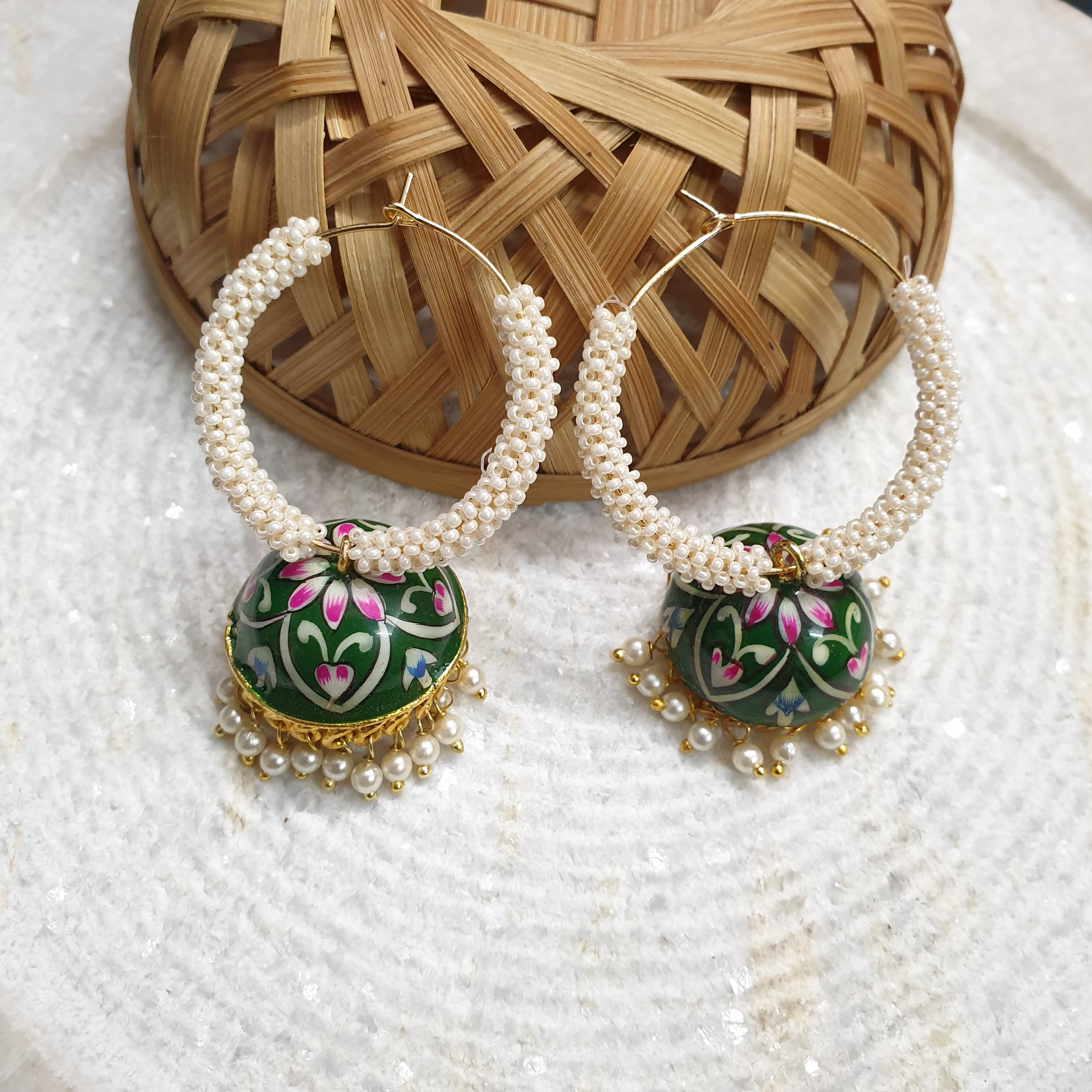 Green Handpainted Hoop Earrings With Jhumki