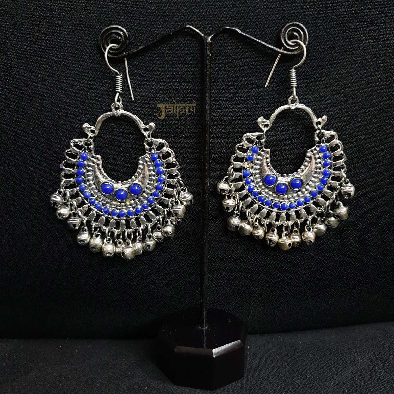 Blue Oxidised Silver Chandbali Earrings