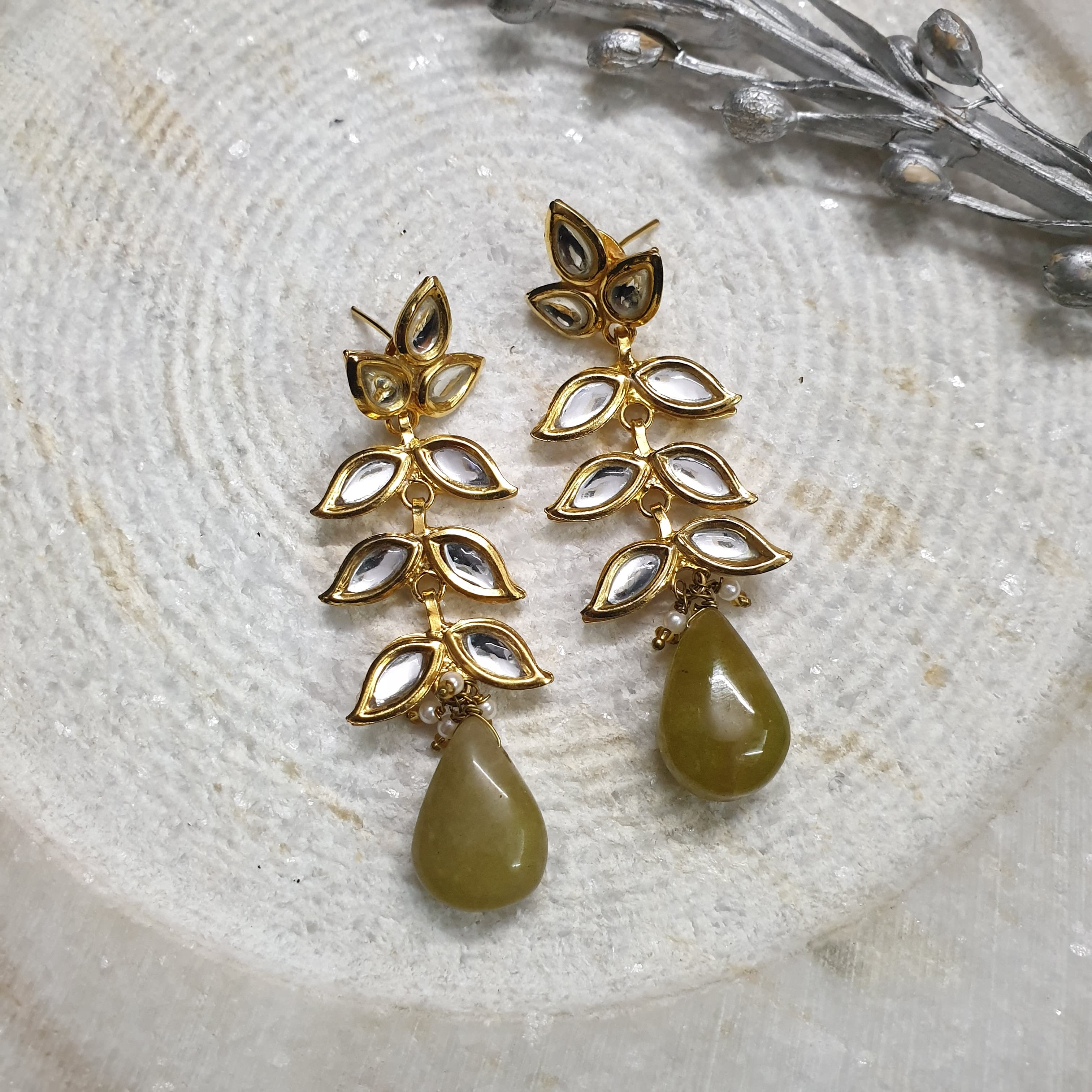 22k Gold Plated Olive Stone Kundan Long Leaf Earrings