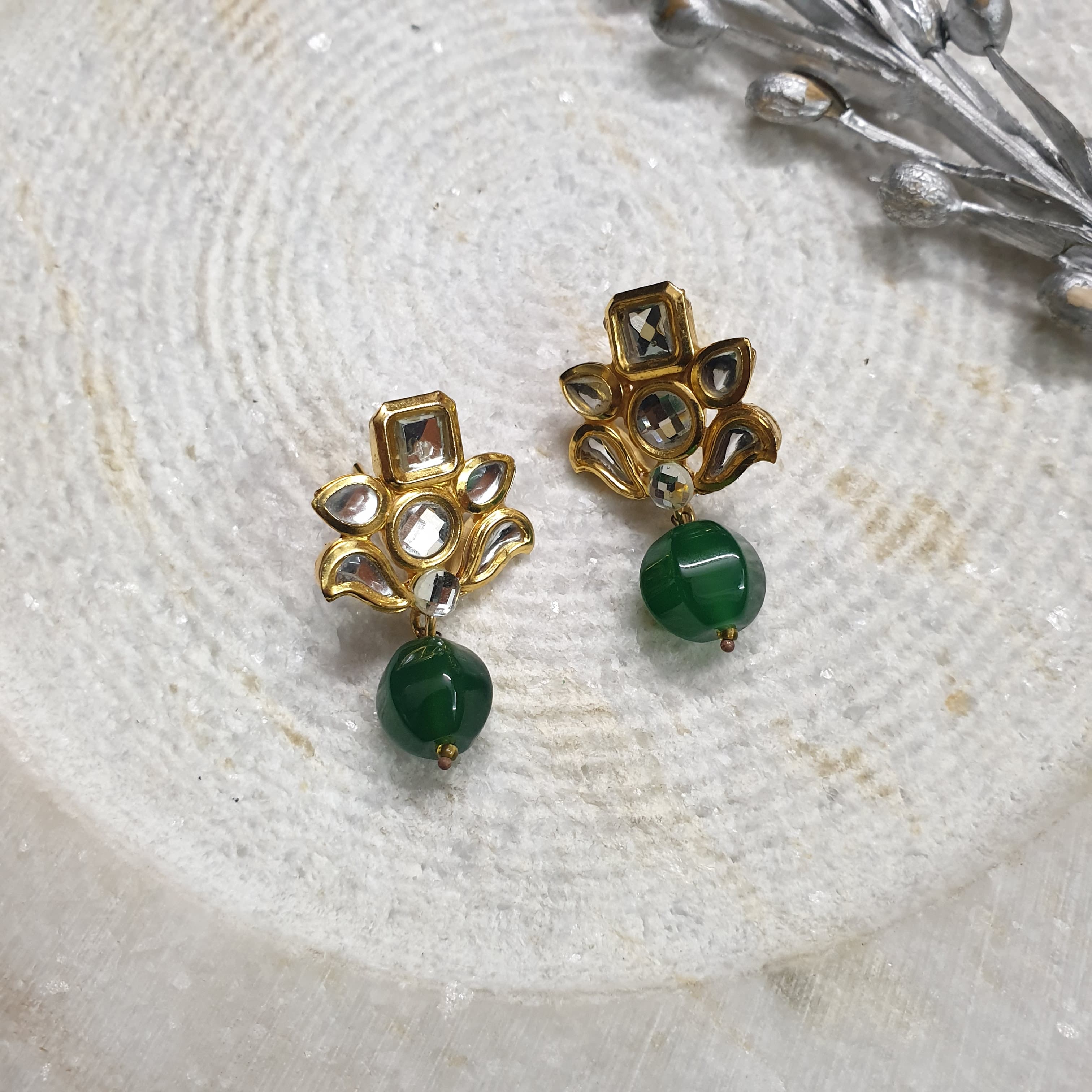 22k Gold Plated Green Drop Kundan Studs Earrings