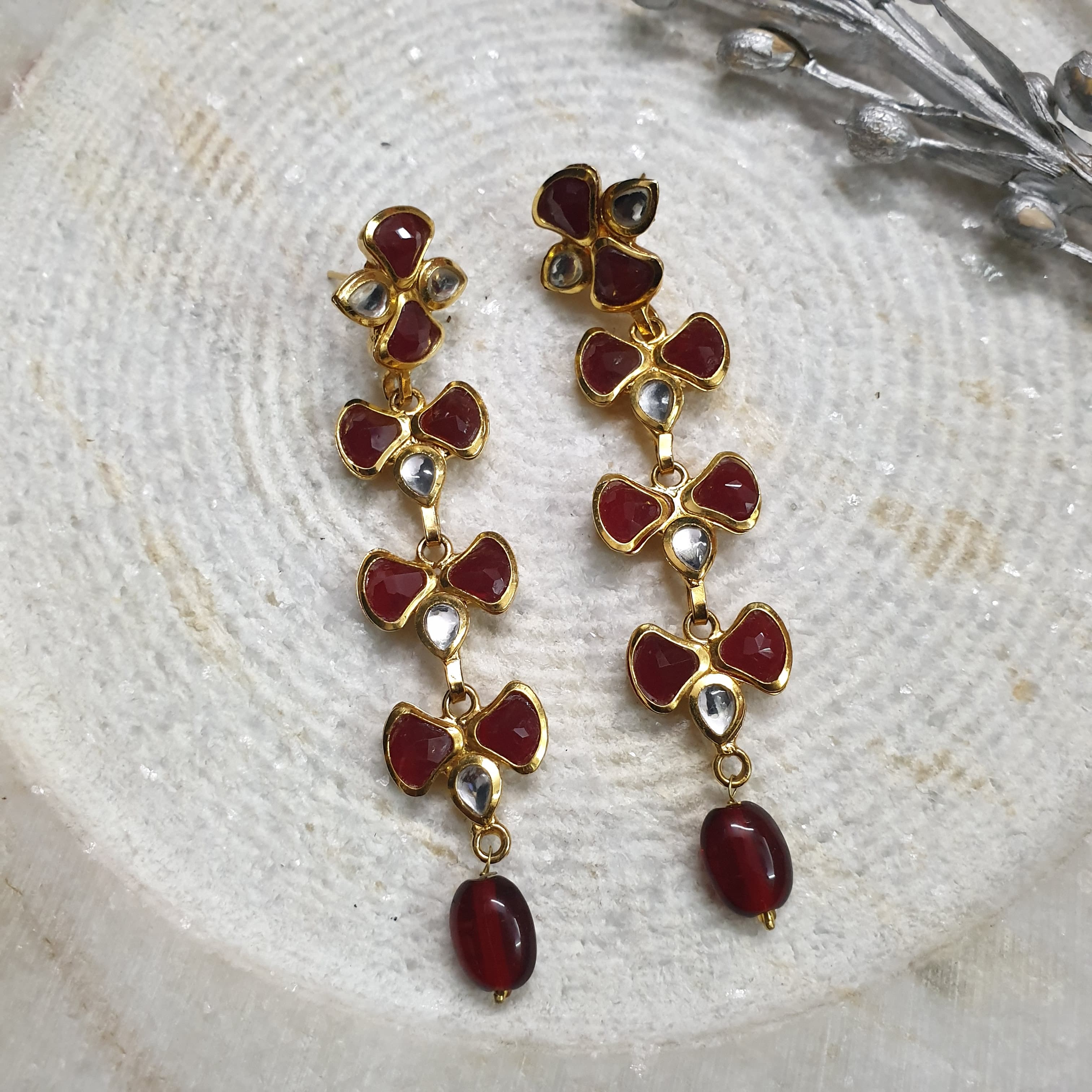 22k Gold Plated Red Kundan Long Earrings