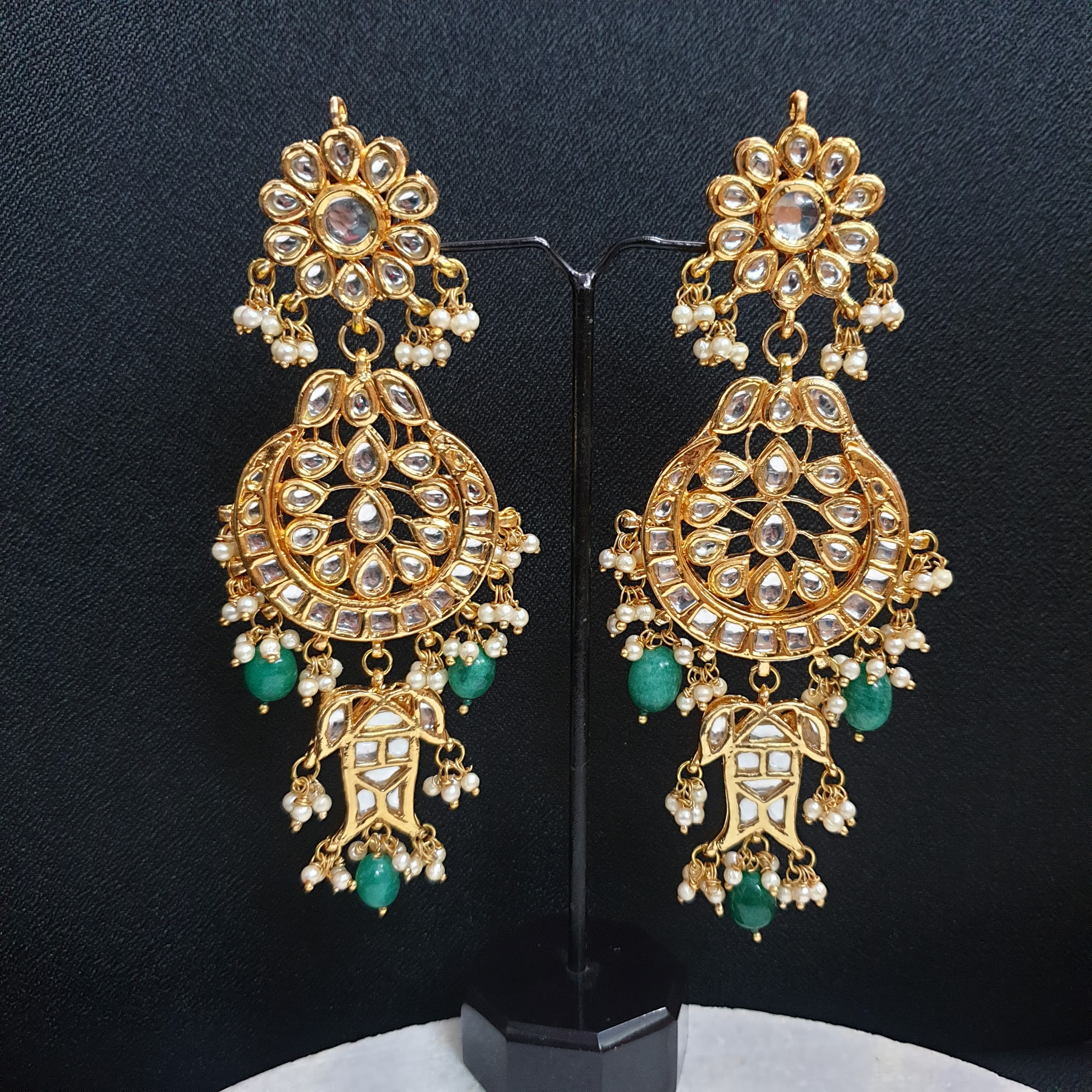 Gold Plated Kundan Long Chandbali With Green Beading