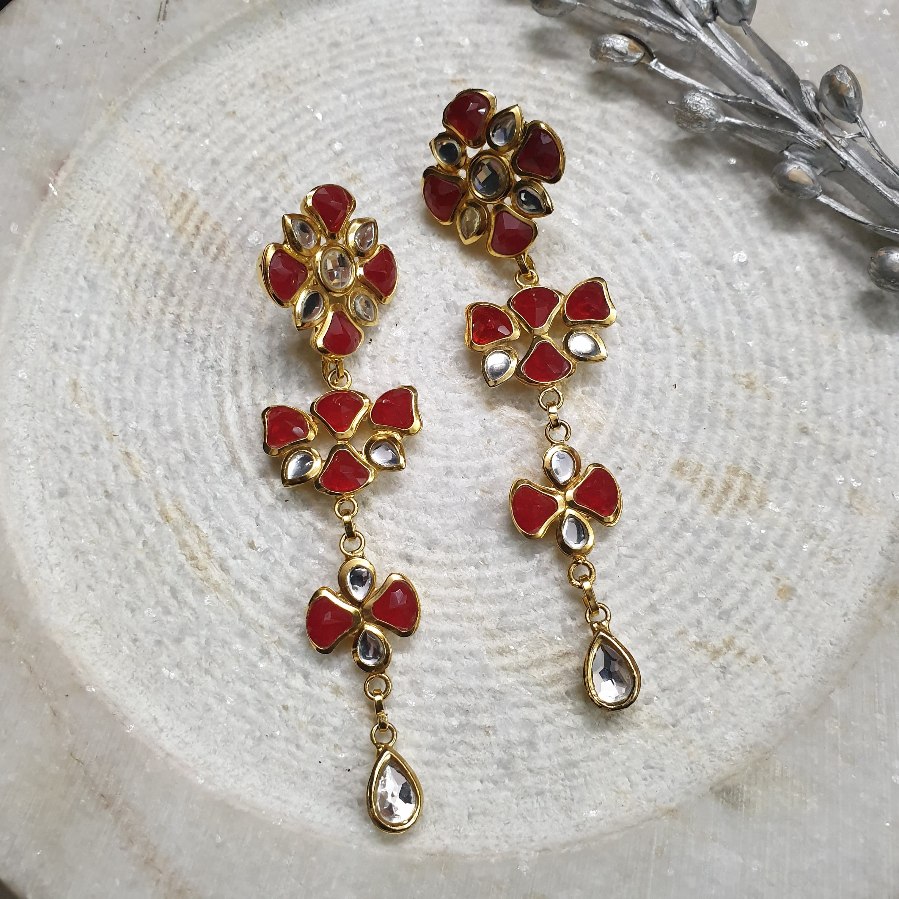 22k Gold Plated Red Kundan Earrings