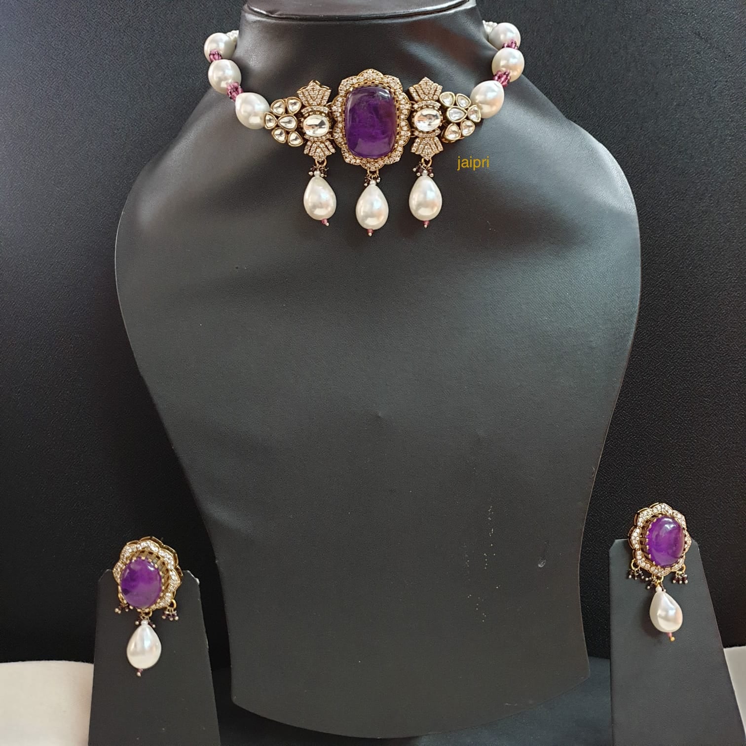 Purple Doublet Stone Kundan Shell Pearl Choker Necklace