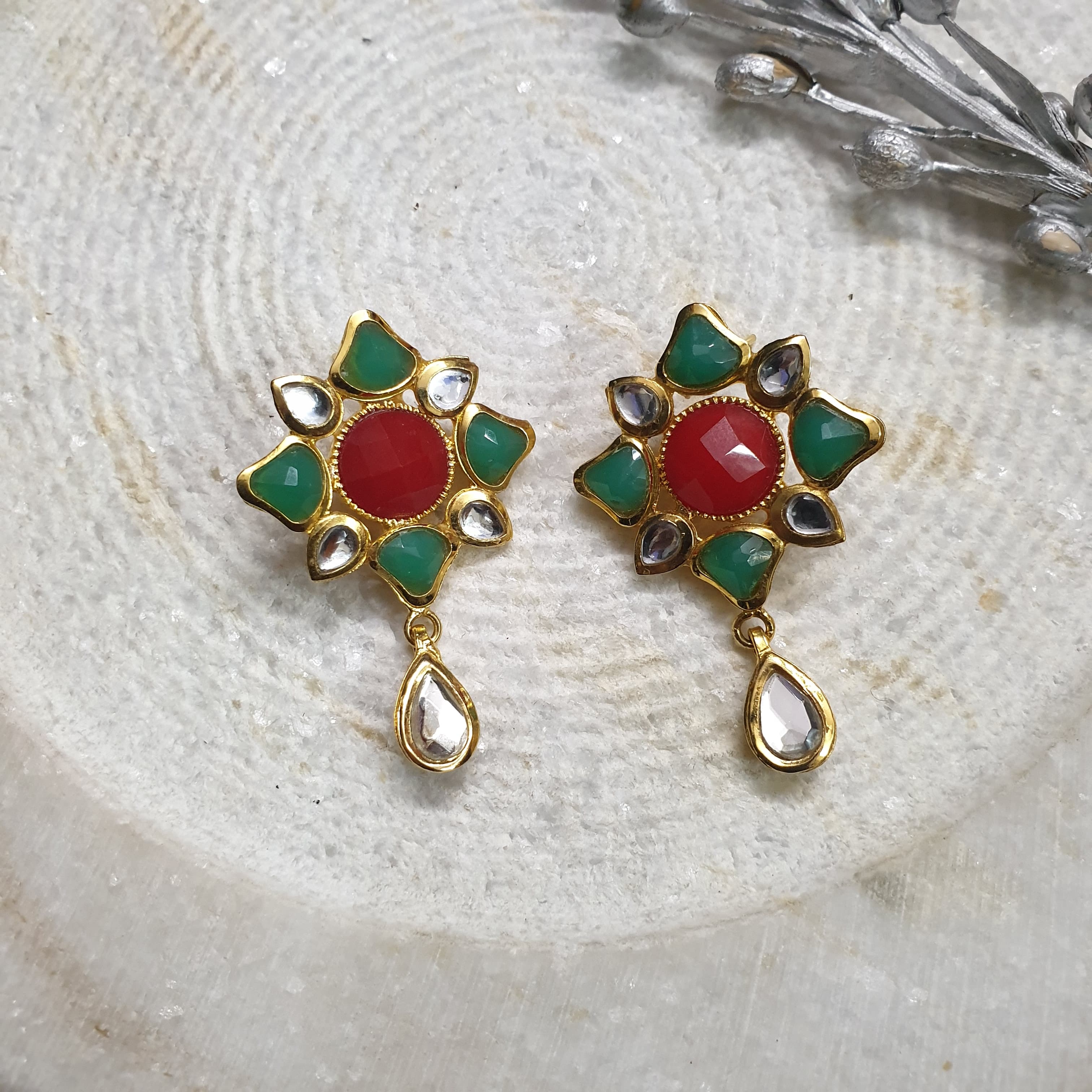 22k Gold Plated Green Kundan Studs Earrings