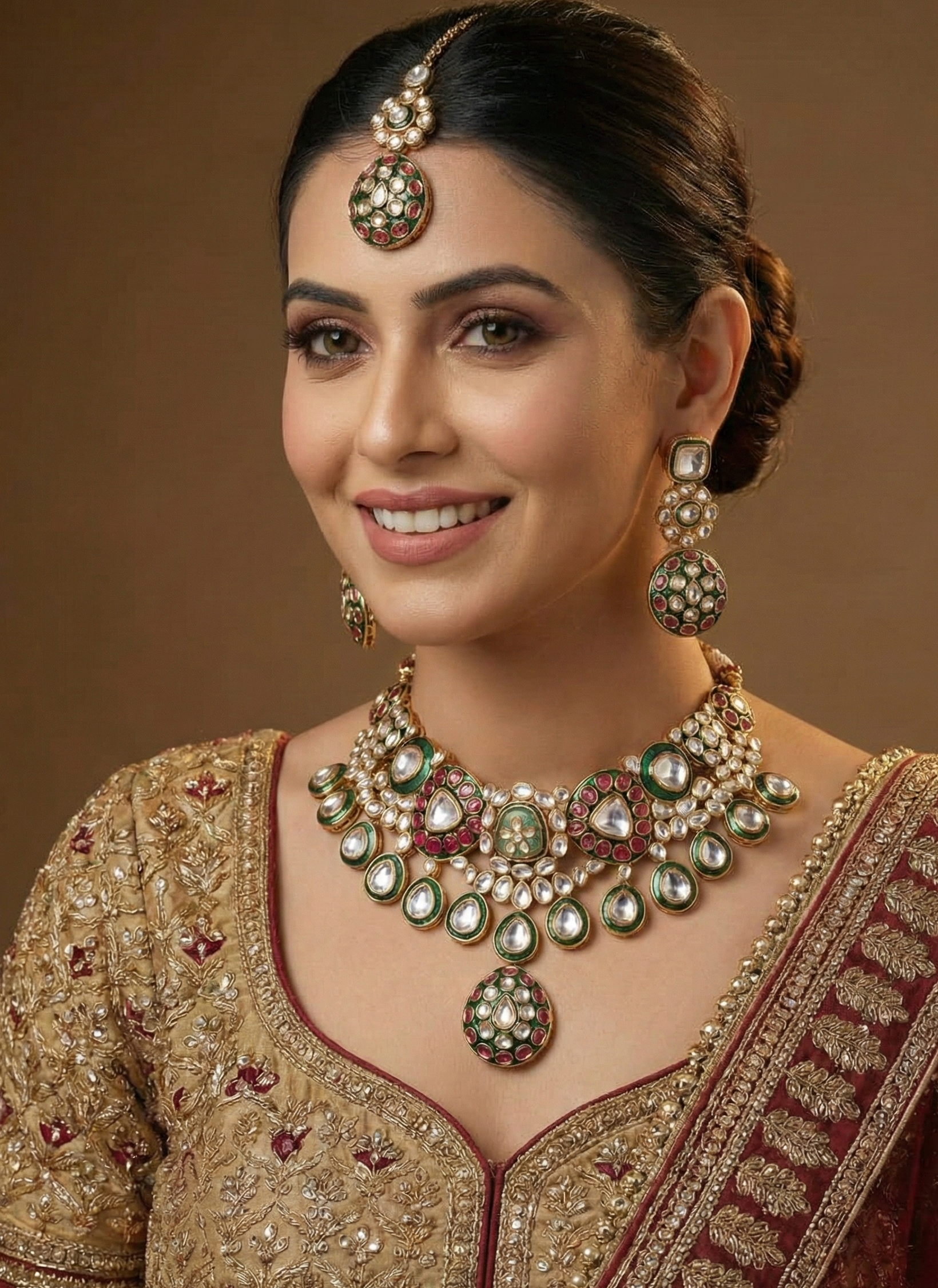Royal Kundan Polki Bridal Necklace With Earrings And Maang Tikka