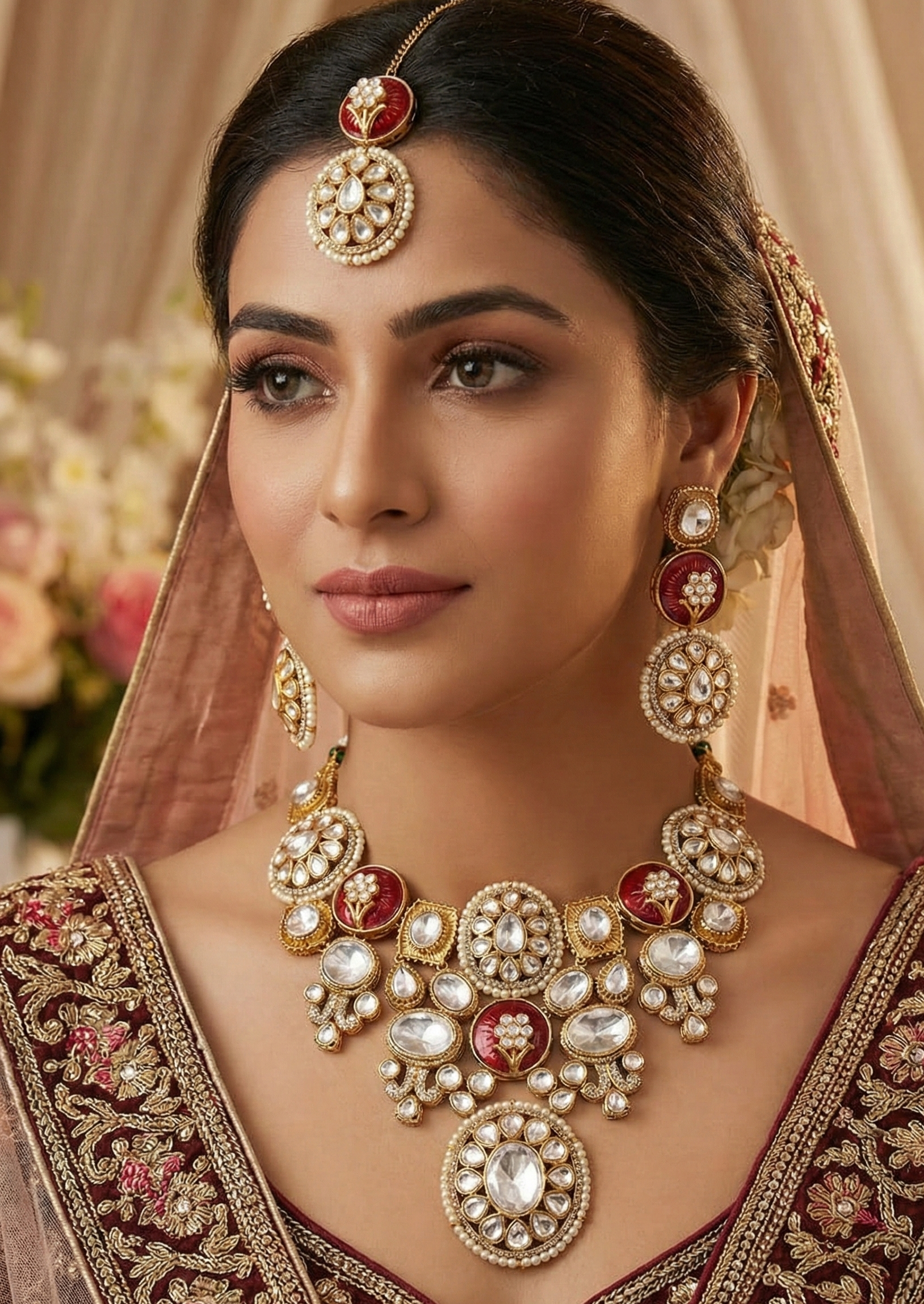 Premium Kundan Polki Bridal Necklace With Earrings And Maang Tikka