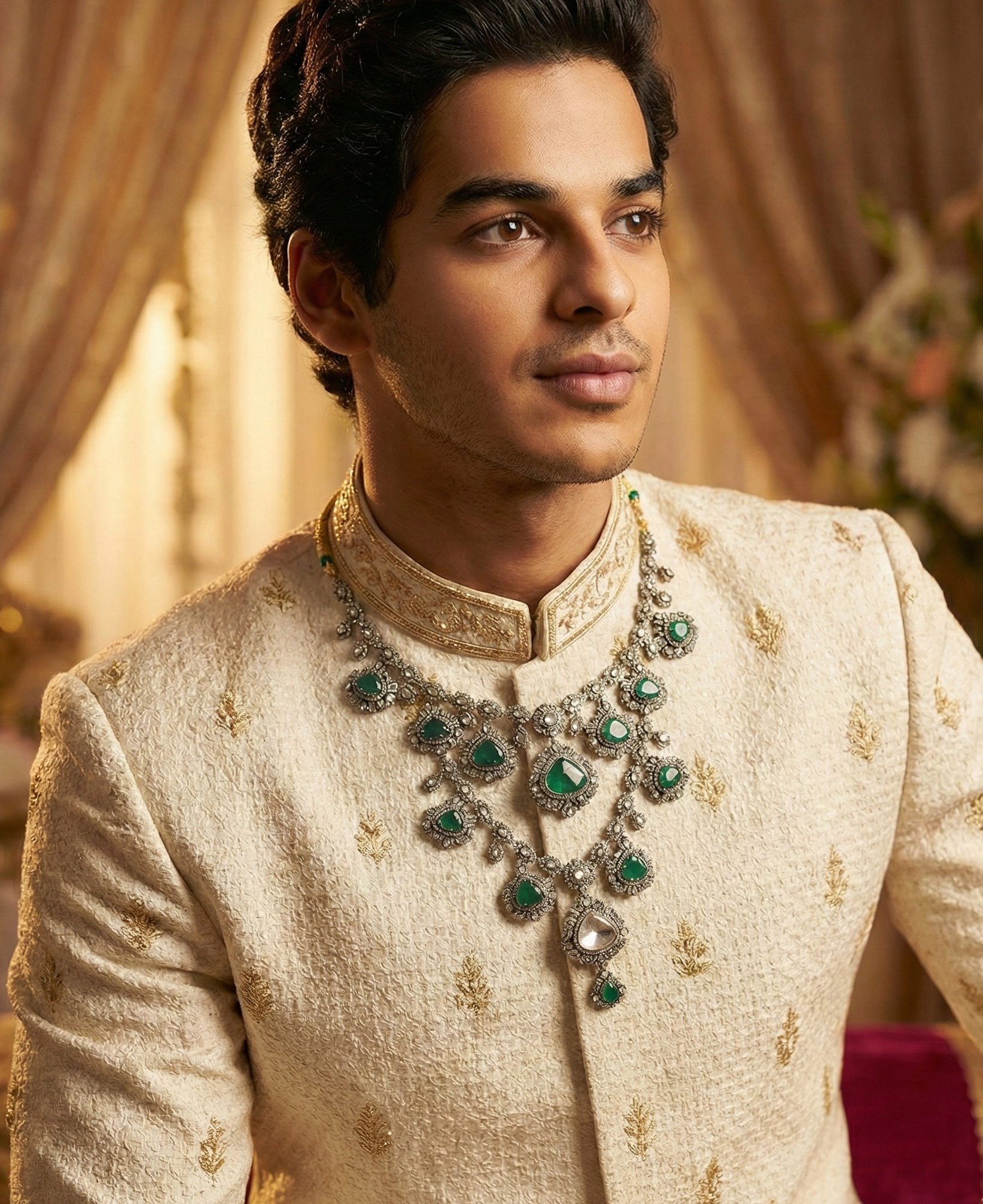 Royal Emerald Green Stone Groom Necklace Inspired by Ishan Khattar