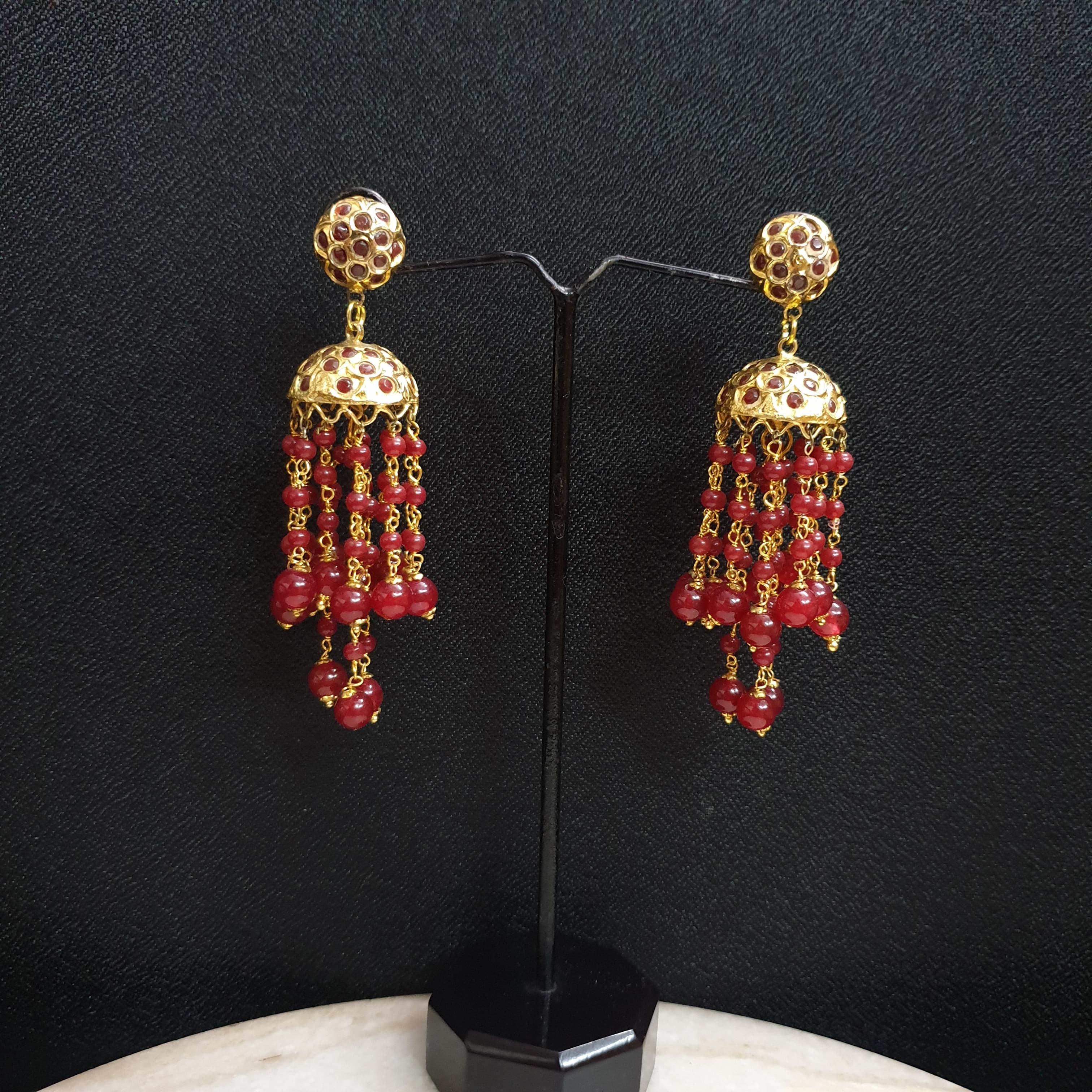 Maroon Beaded Jadau Jhumki Earrings