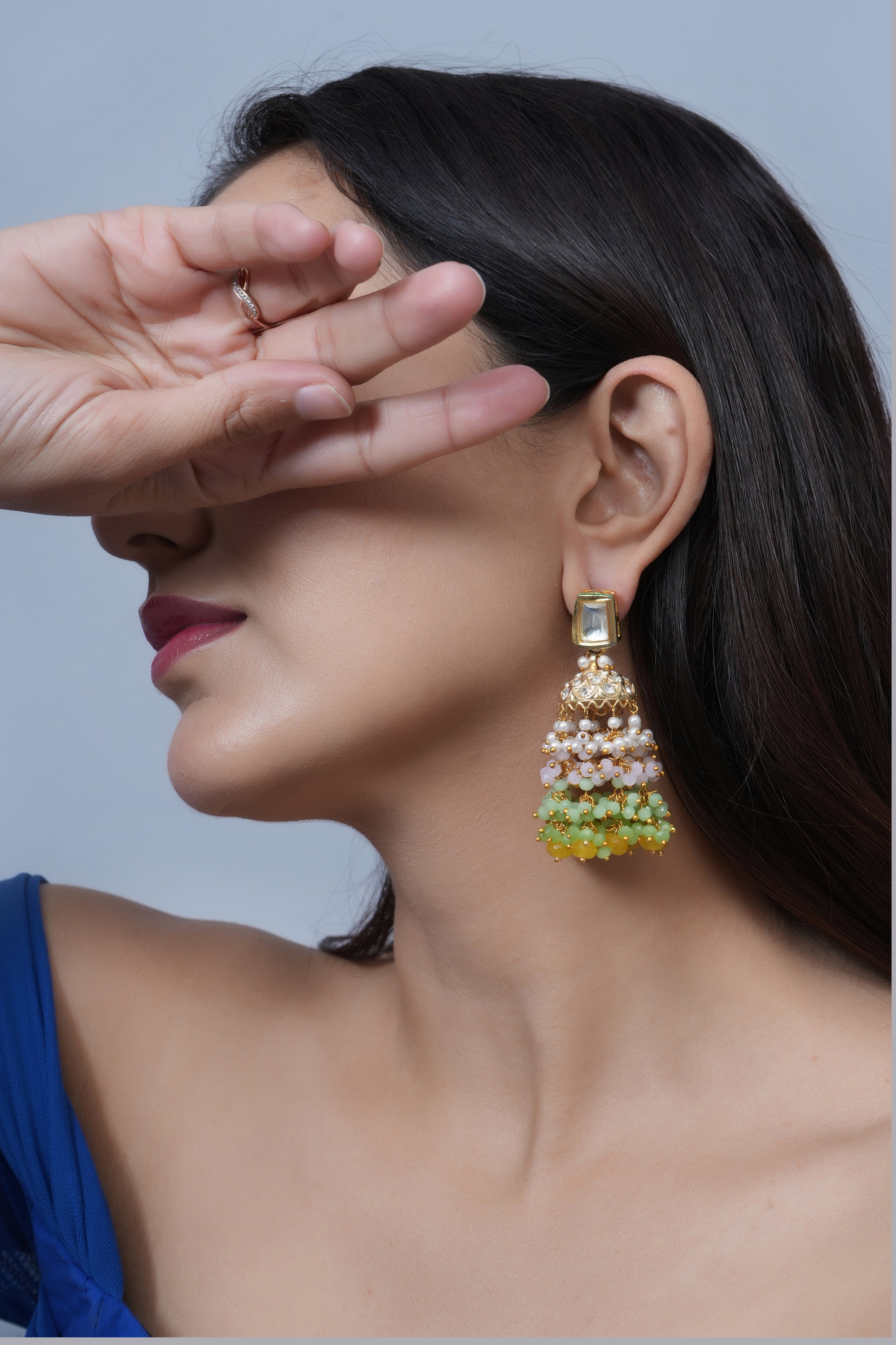 Kundan Jadau Pastel Color Beaded Jhumki