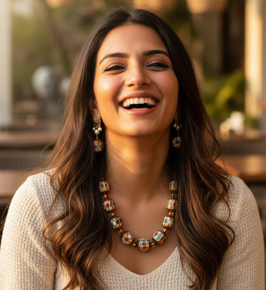 Navratana Jadau Handpainted Beads Necklace With Earrings