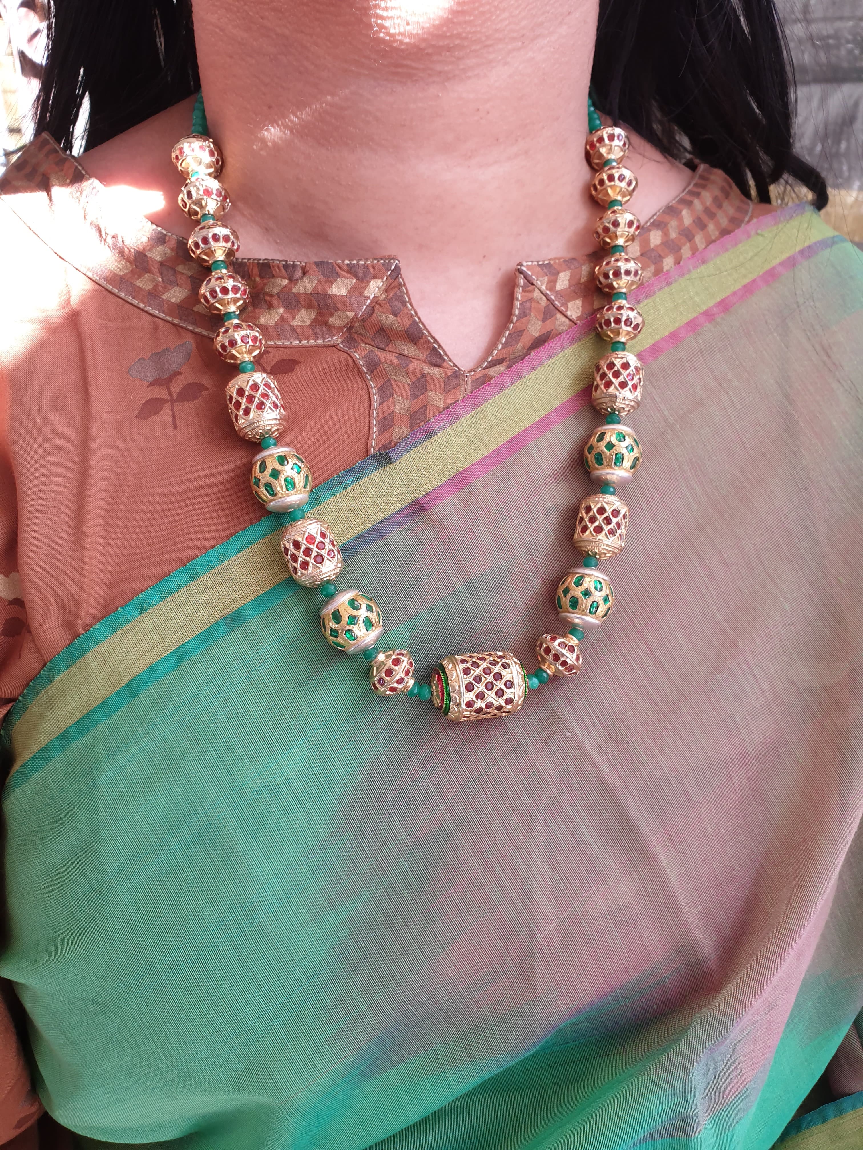 Red Green Jadau Bead Necklace With Earrings