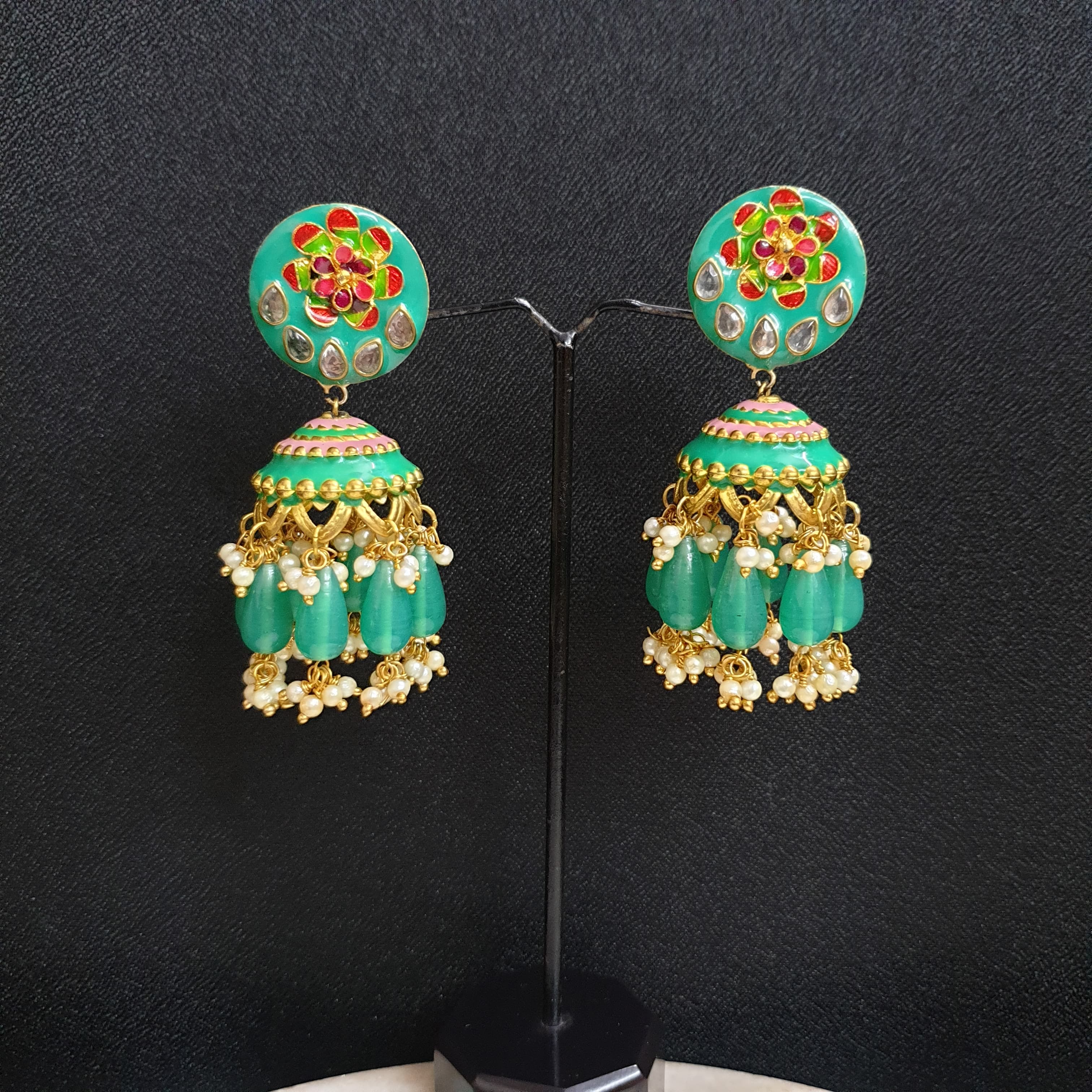 Gold Tone Green Meenakari Jhumki Earrings