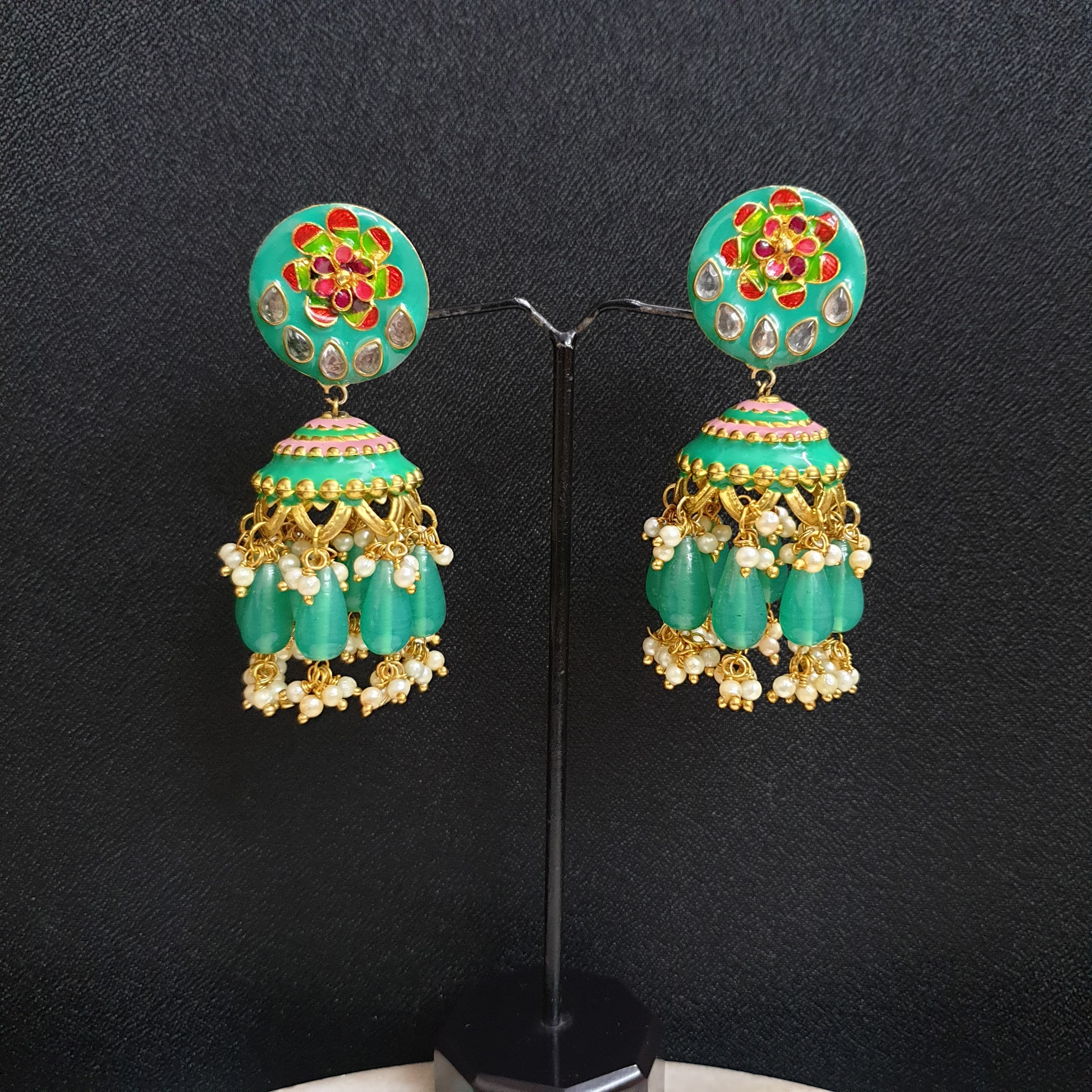 Green Meenakari Jhumki Earrings