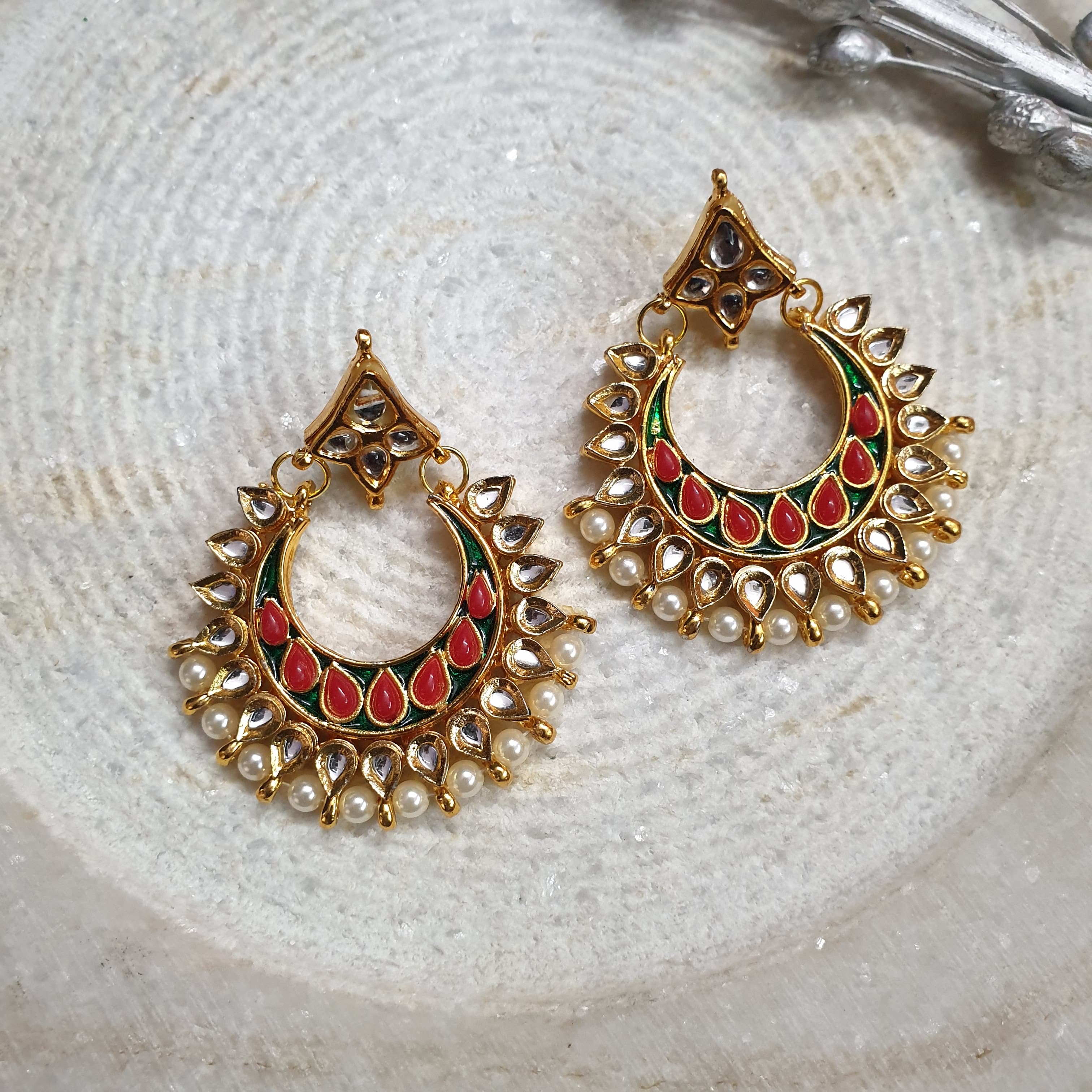 Gold Tone Coral Stone Chandbali Earrings