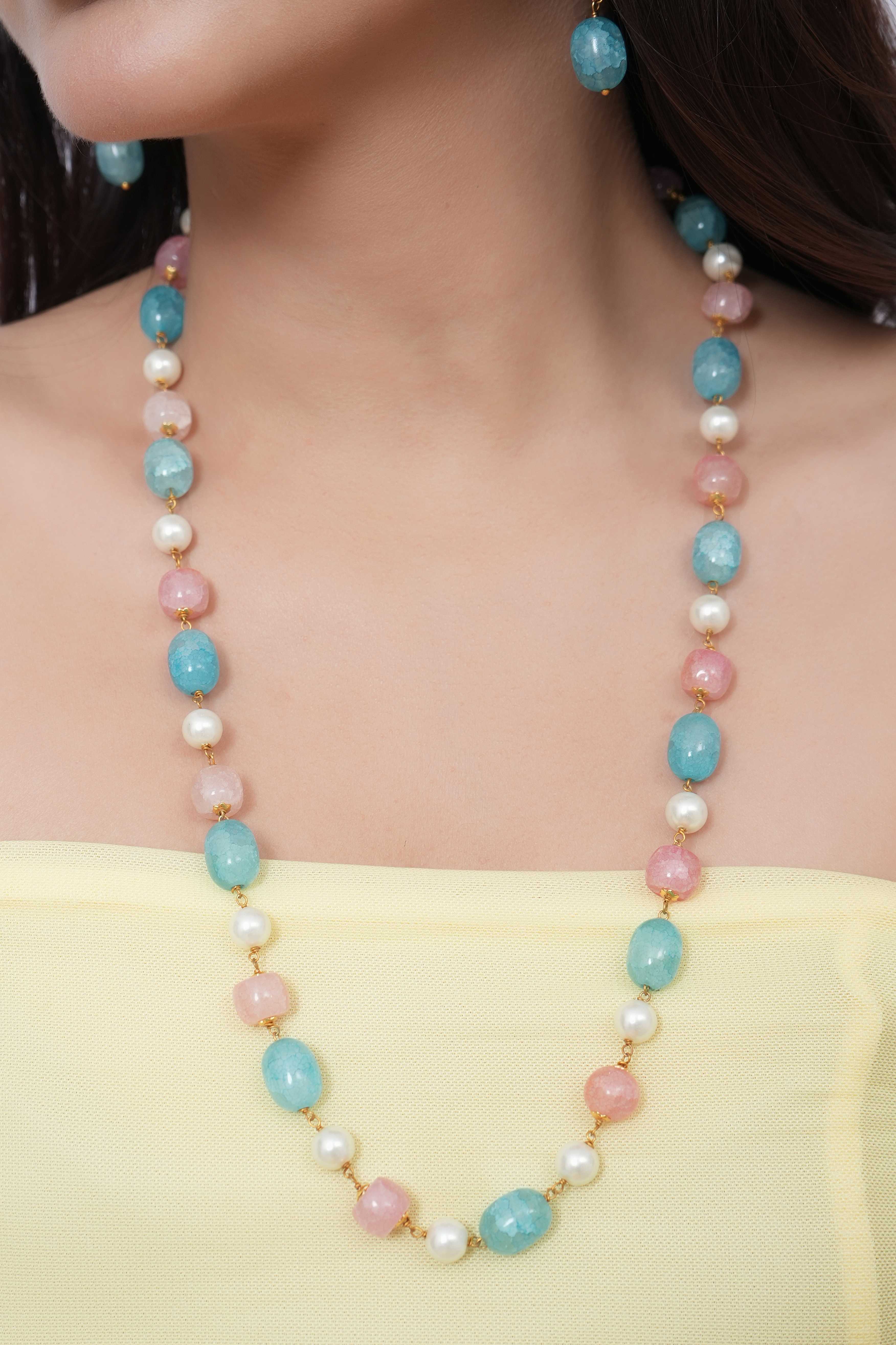 Pink Blue Stone Beads Pearl Long Mala