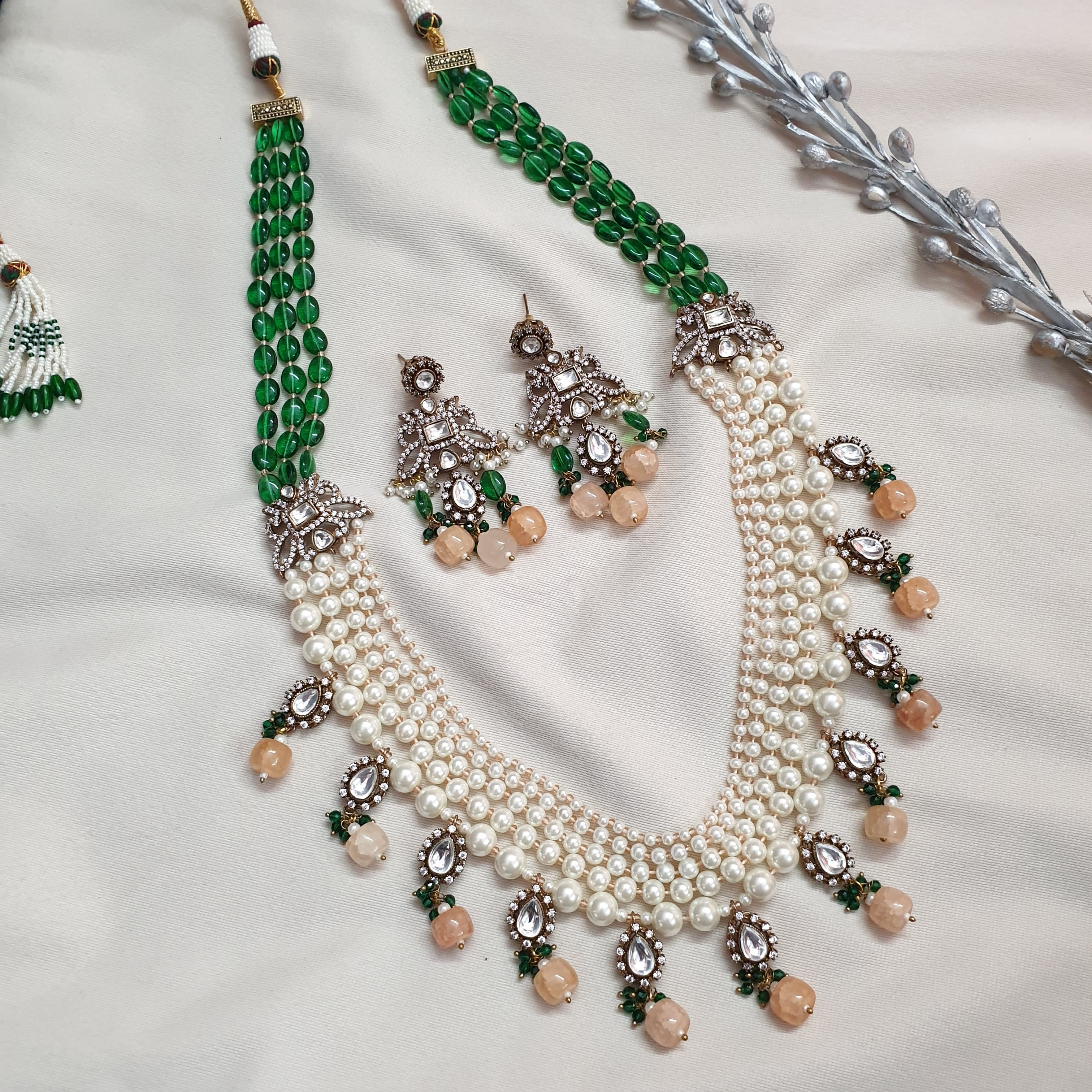 Pearl Green Beaded Kundan Polki Rani Haar Necklace