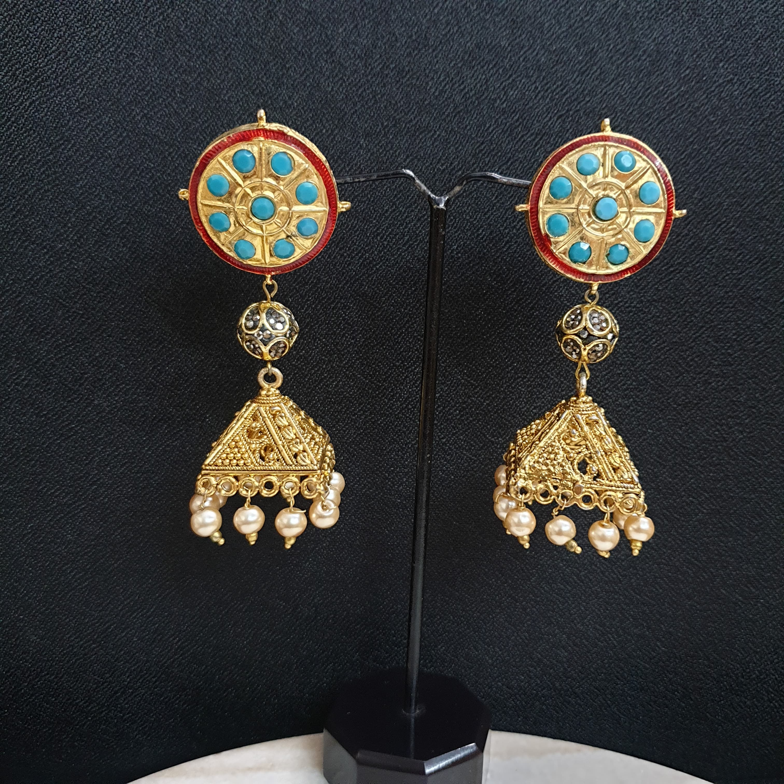 Turquoise Stone Jadau Antique Gold Earrings