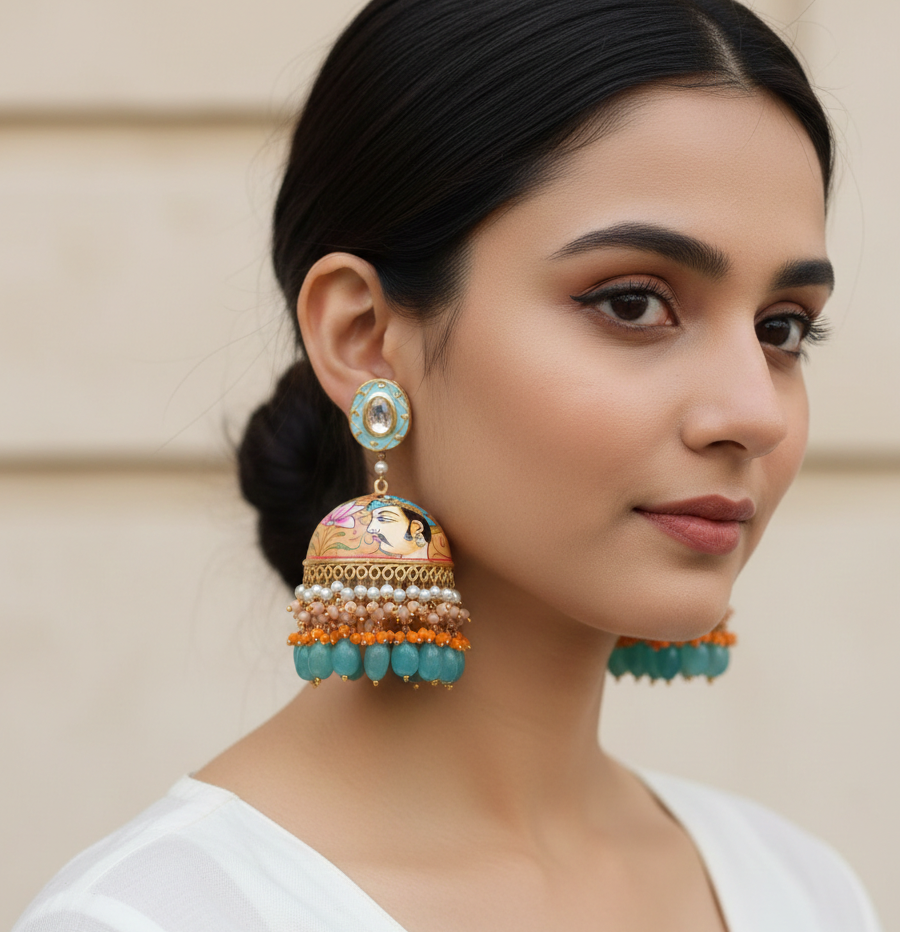 Blue Hand Painted Kundan Jhumka Earrings