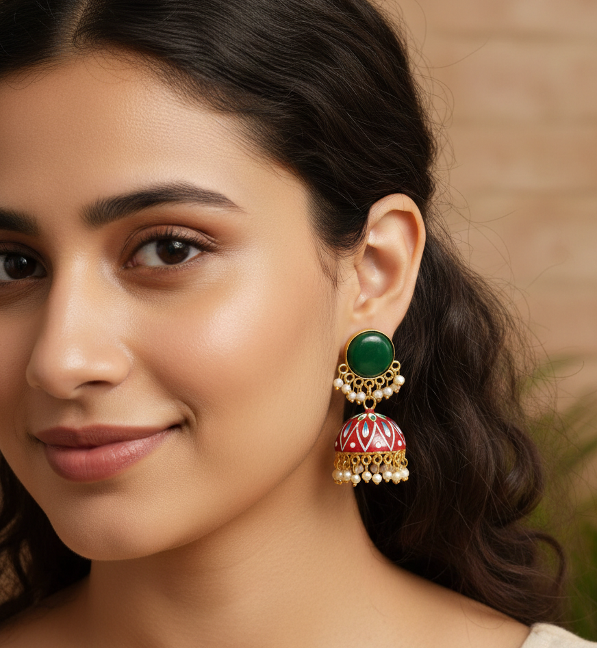 Red Green Hand Painted Jhumka Earrings