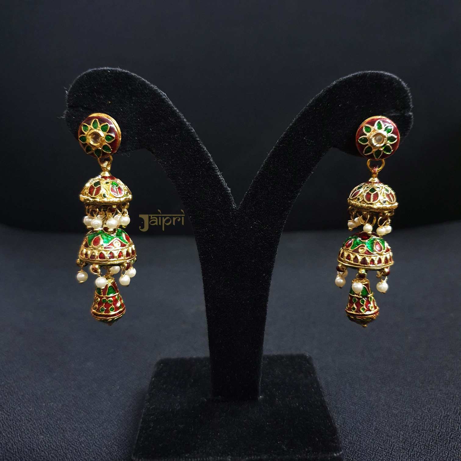 Red & Green Meenakari Floral Design Earrings