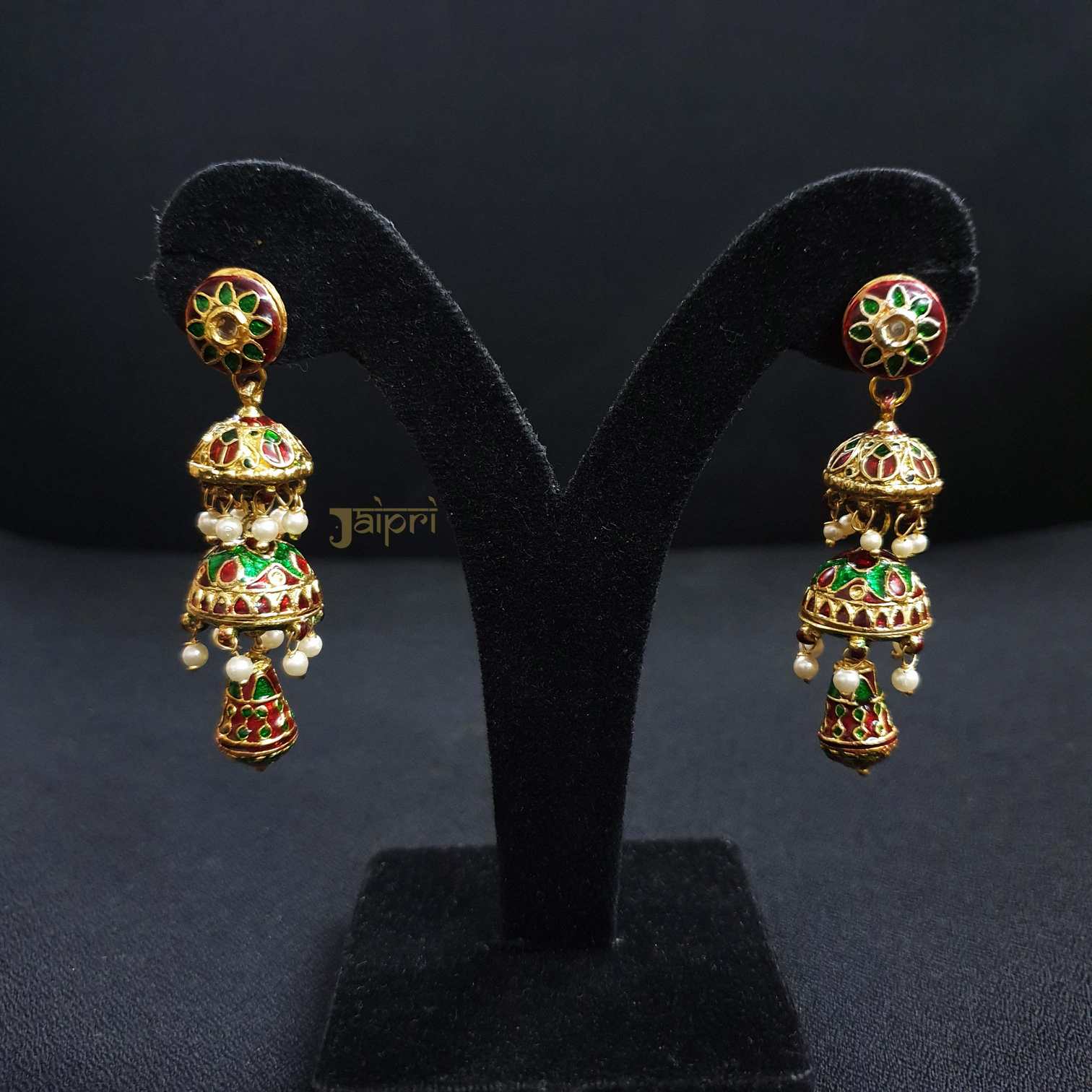 Red & Green Meenakari Floral Jhumki Earrings